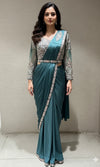 SEA GREEN DRAPE SAREE WITH FLORAL BLOUSE & BELT