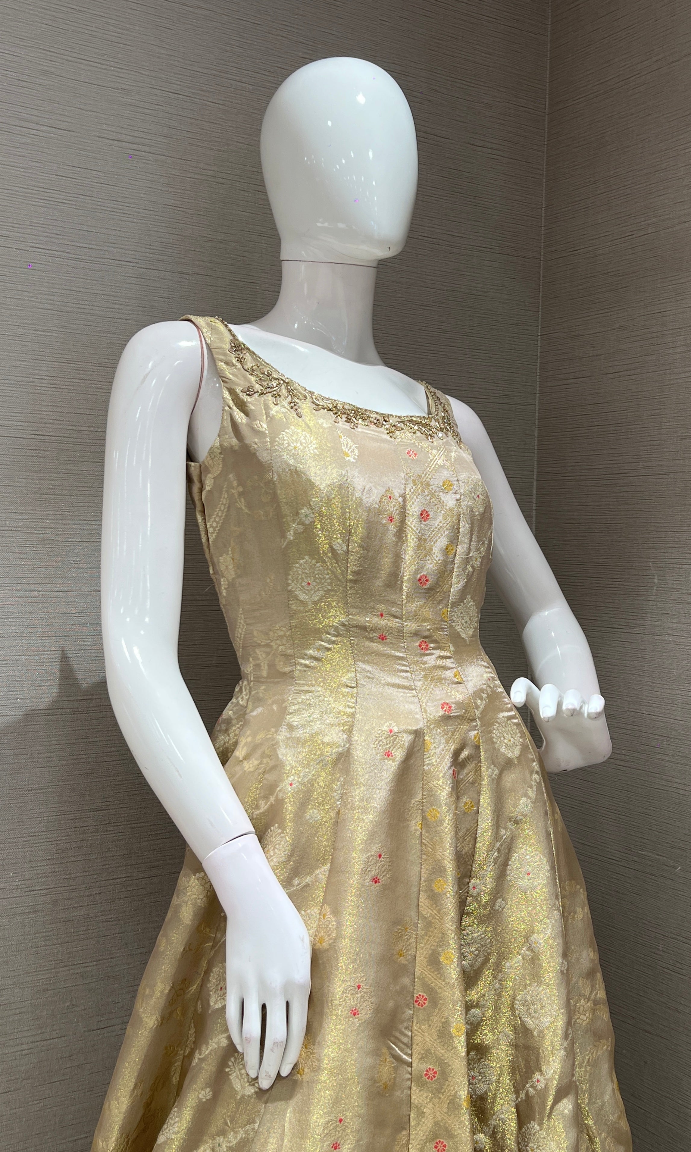 Beige Golden Anarkali Gown with Dupatta