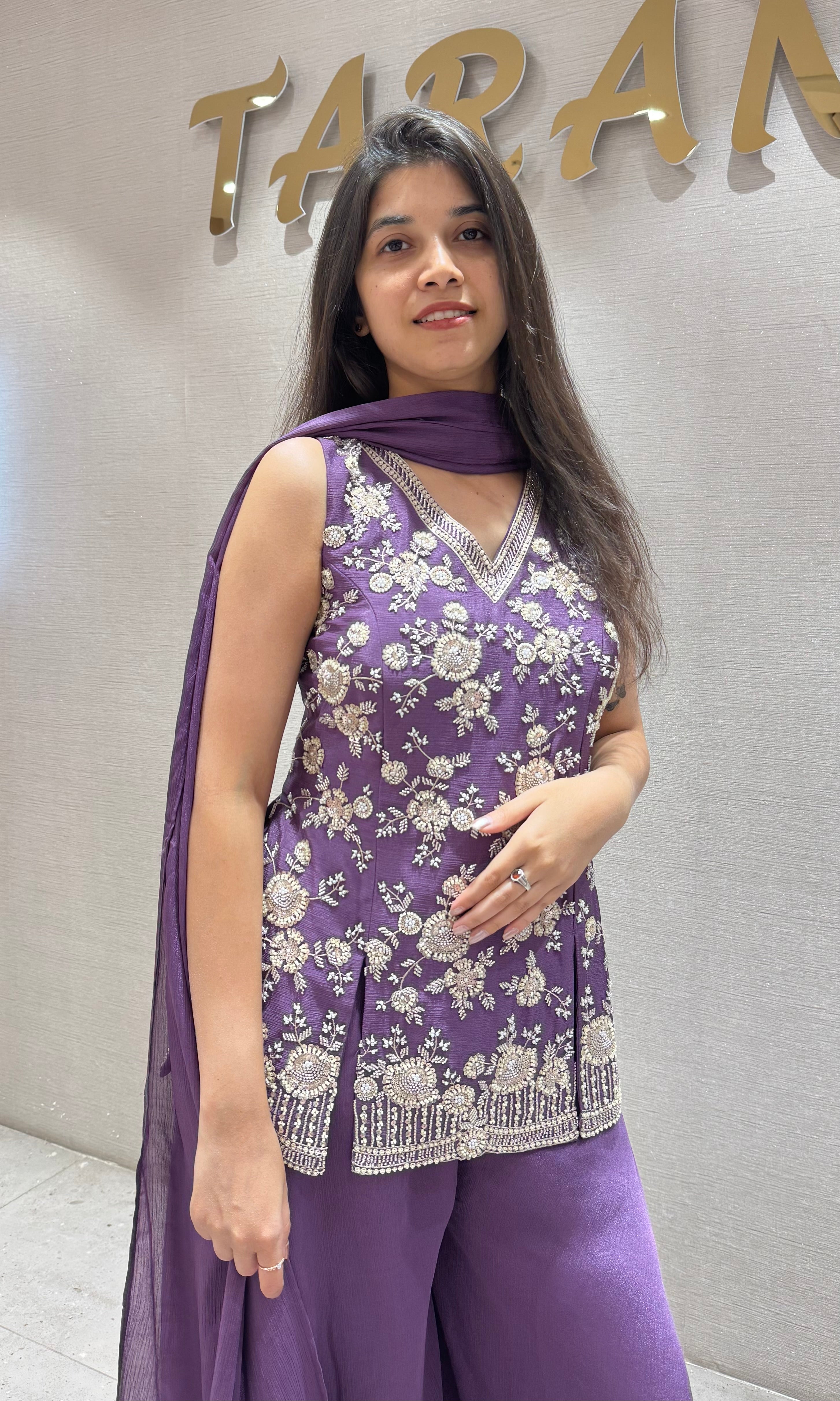 Purple floral embroidery palazzo set