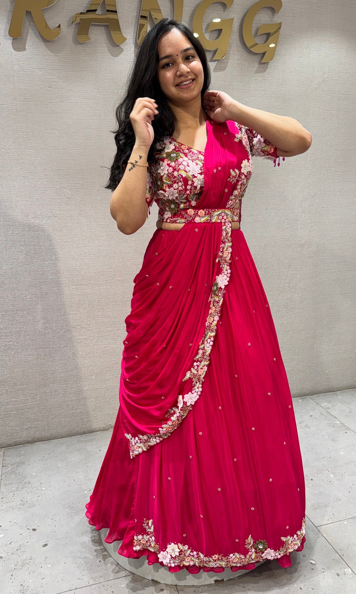 Fuchsia Georgette Pink Draped Saree with Embroidered Silk Blouse & Belt
