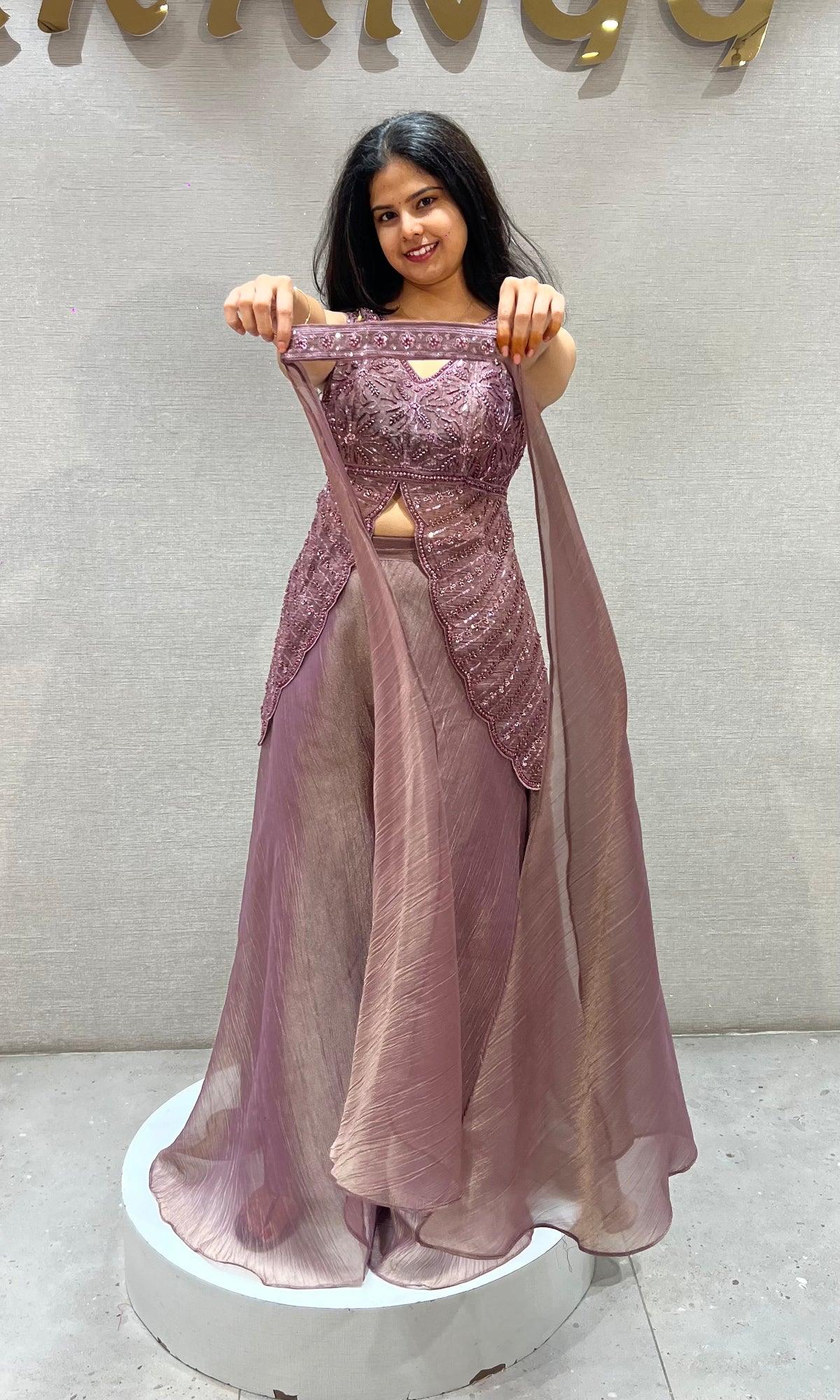Mauve tissue Silk Palazzo Set with butterfly top & dupatta