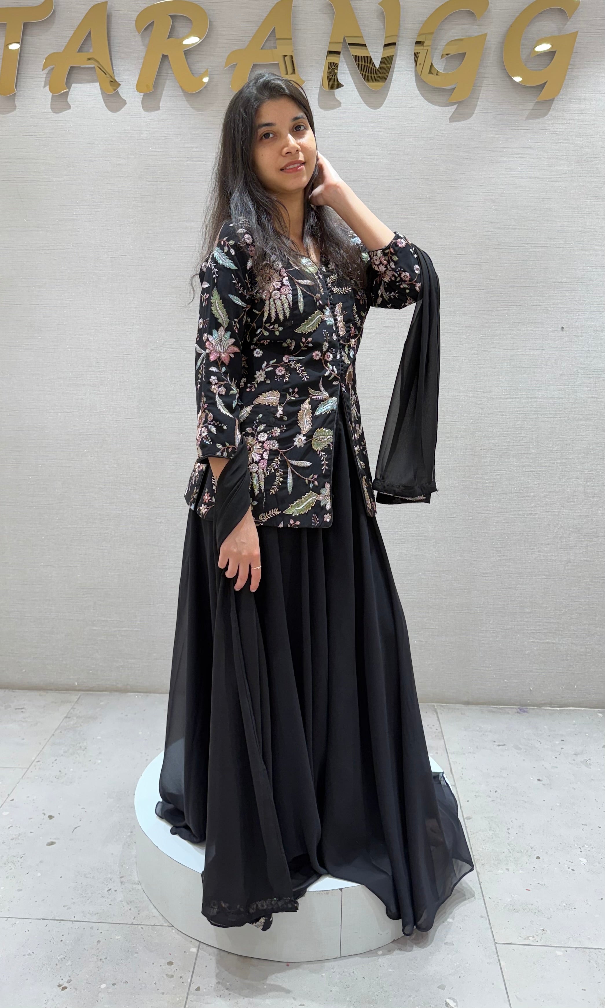 Black FRONT SLIT PEPLUM SHARARA SET