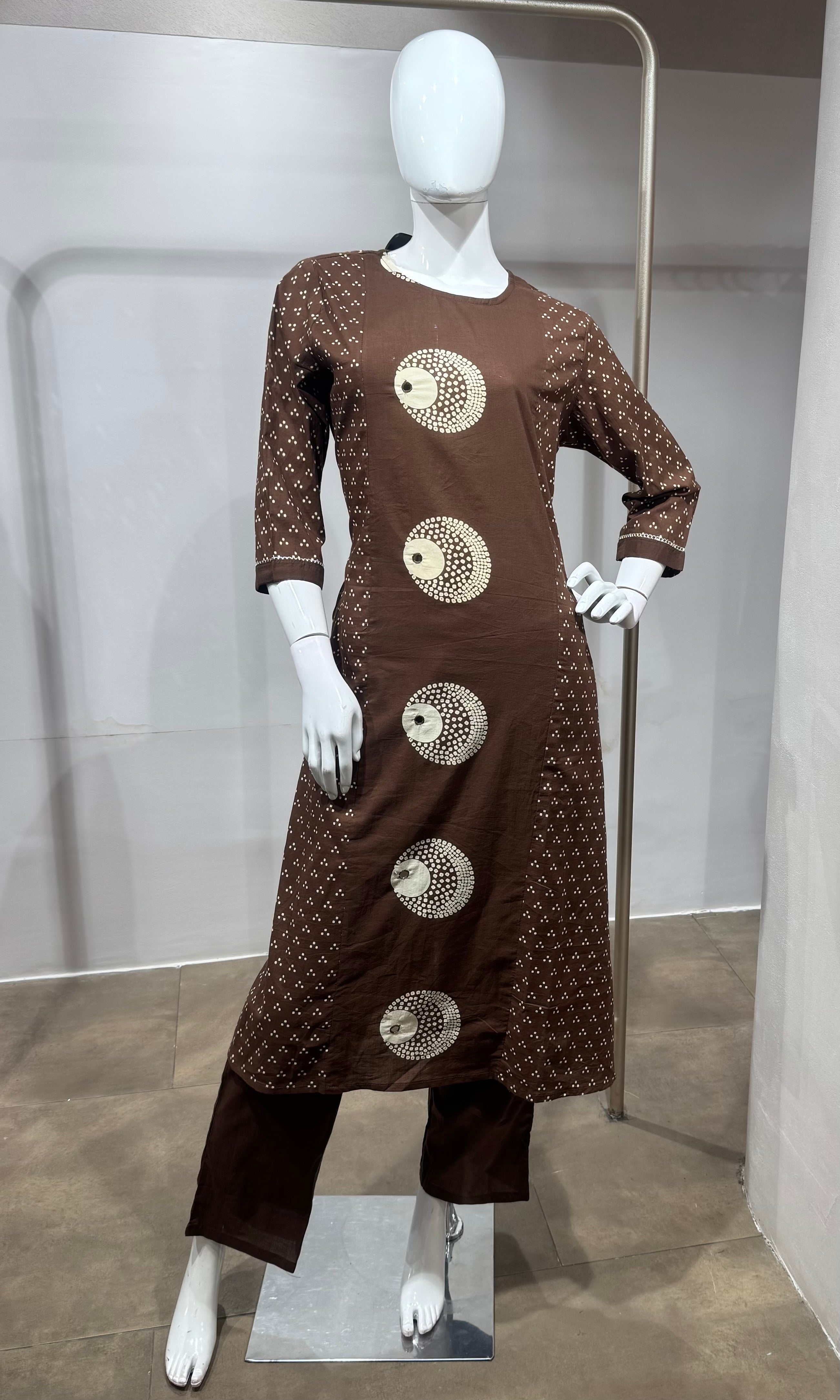 Brown Cotton Bandhani Straight KURTA SET