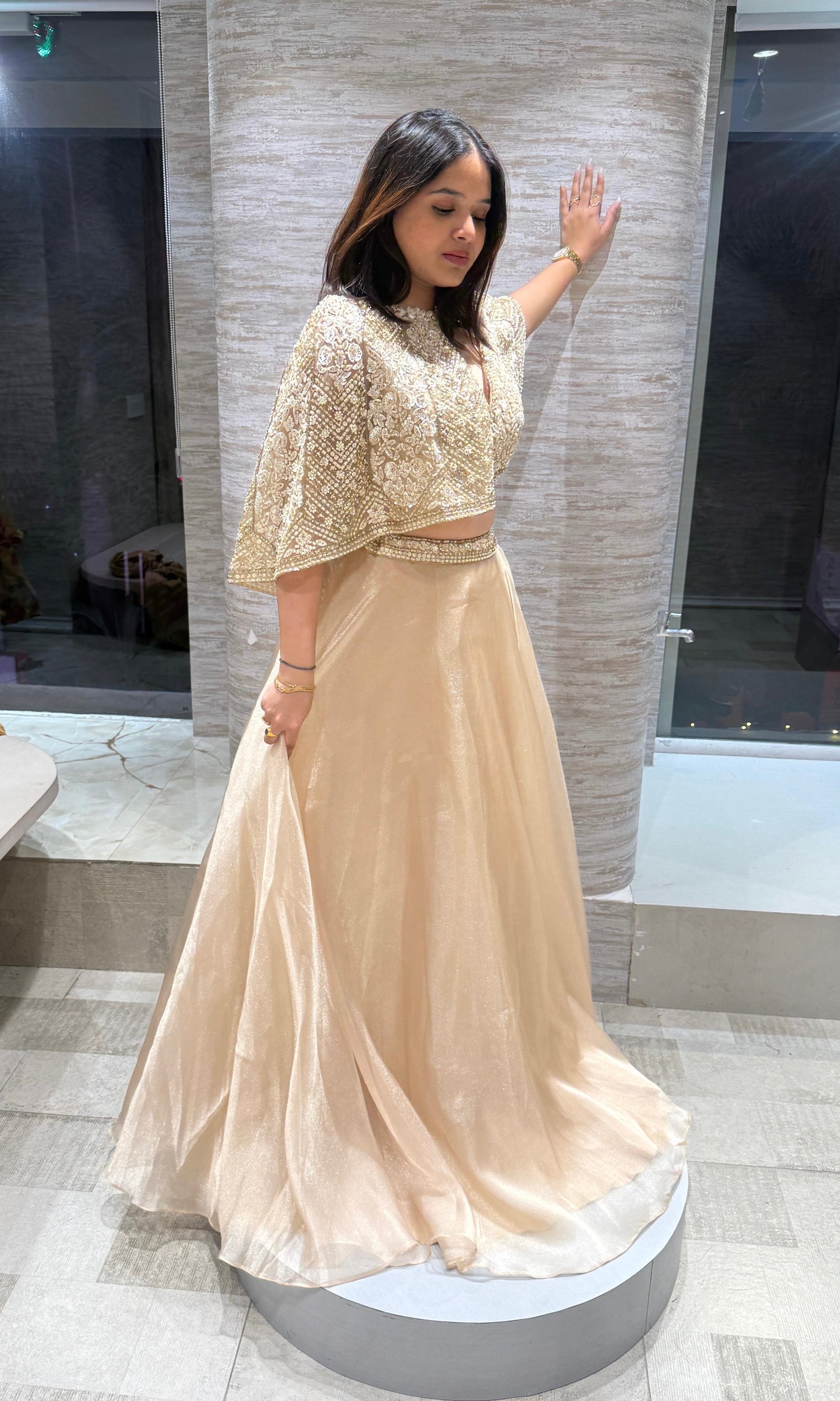 GOLD TISSUE LEHENGA WITH CAPE