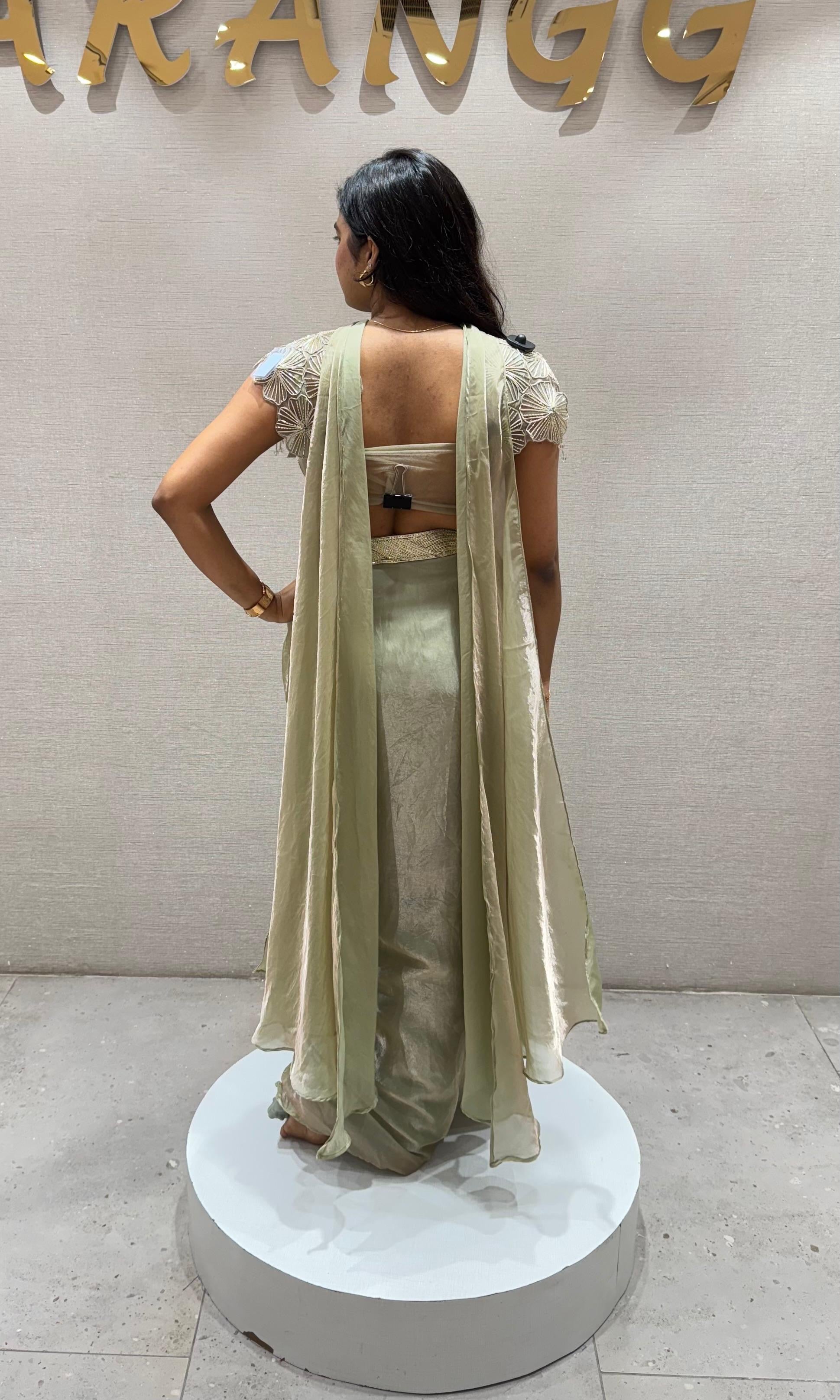 GREEN draped SKIRT with embellished blouse