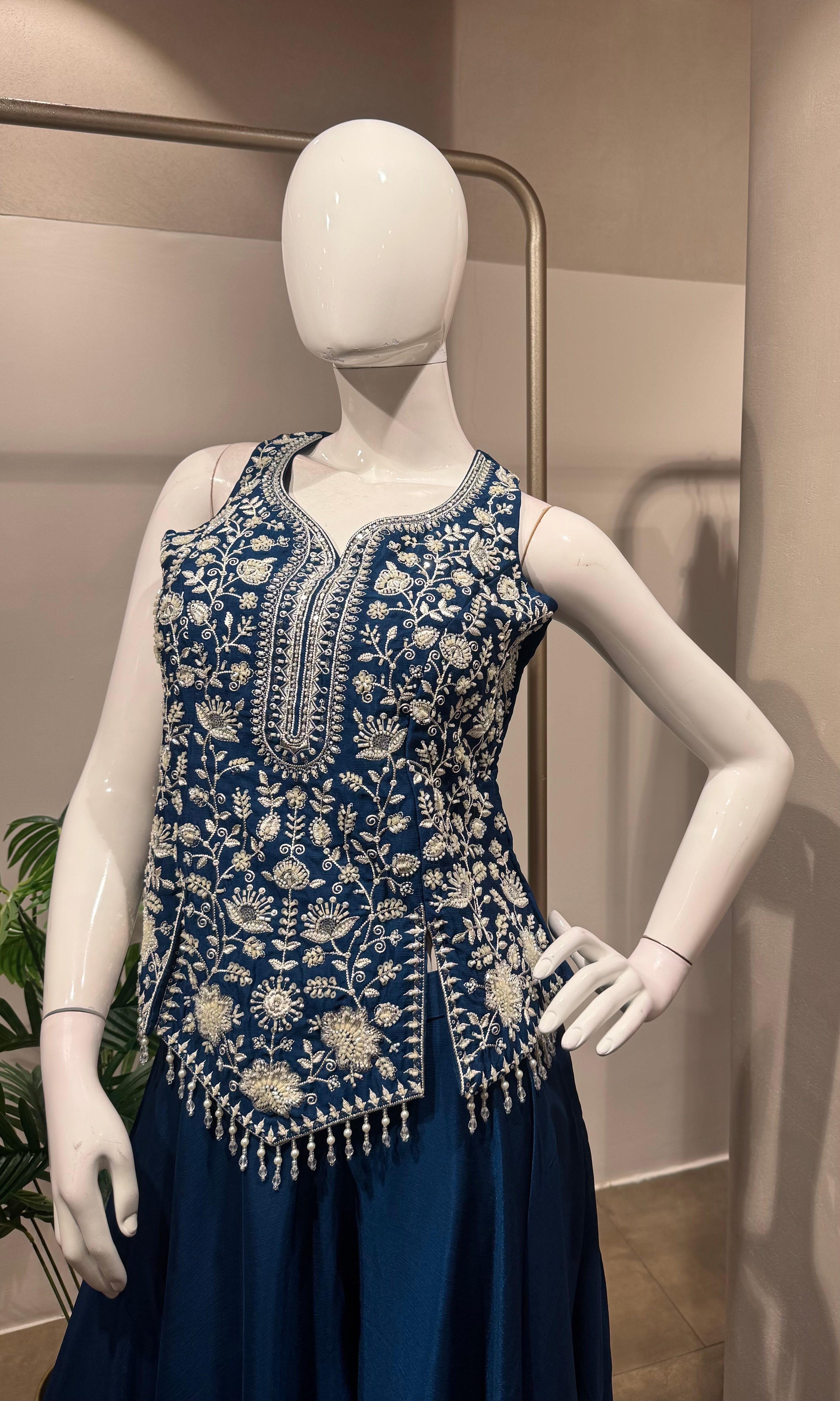 Blue Embroidered Peplum & Palazzo Set