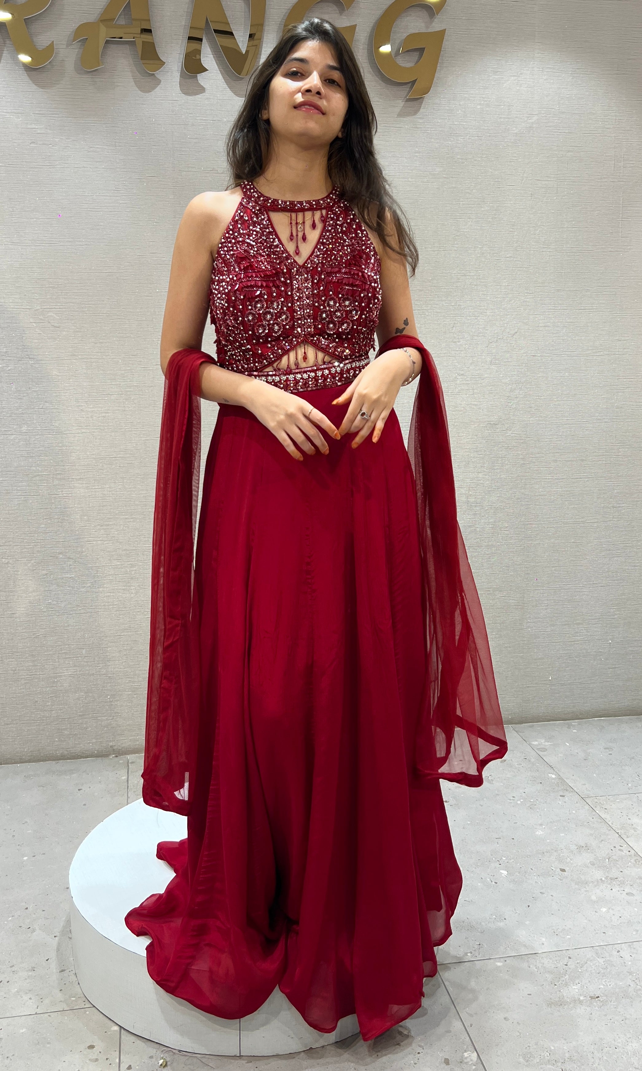 Red Halter Embellished Anarkali Frock