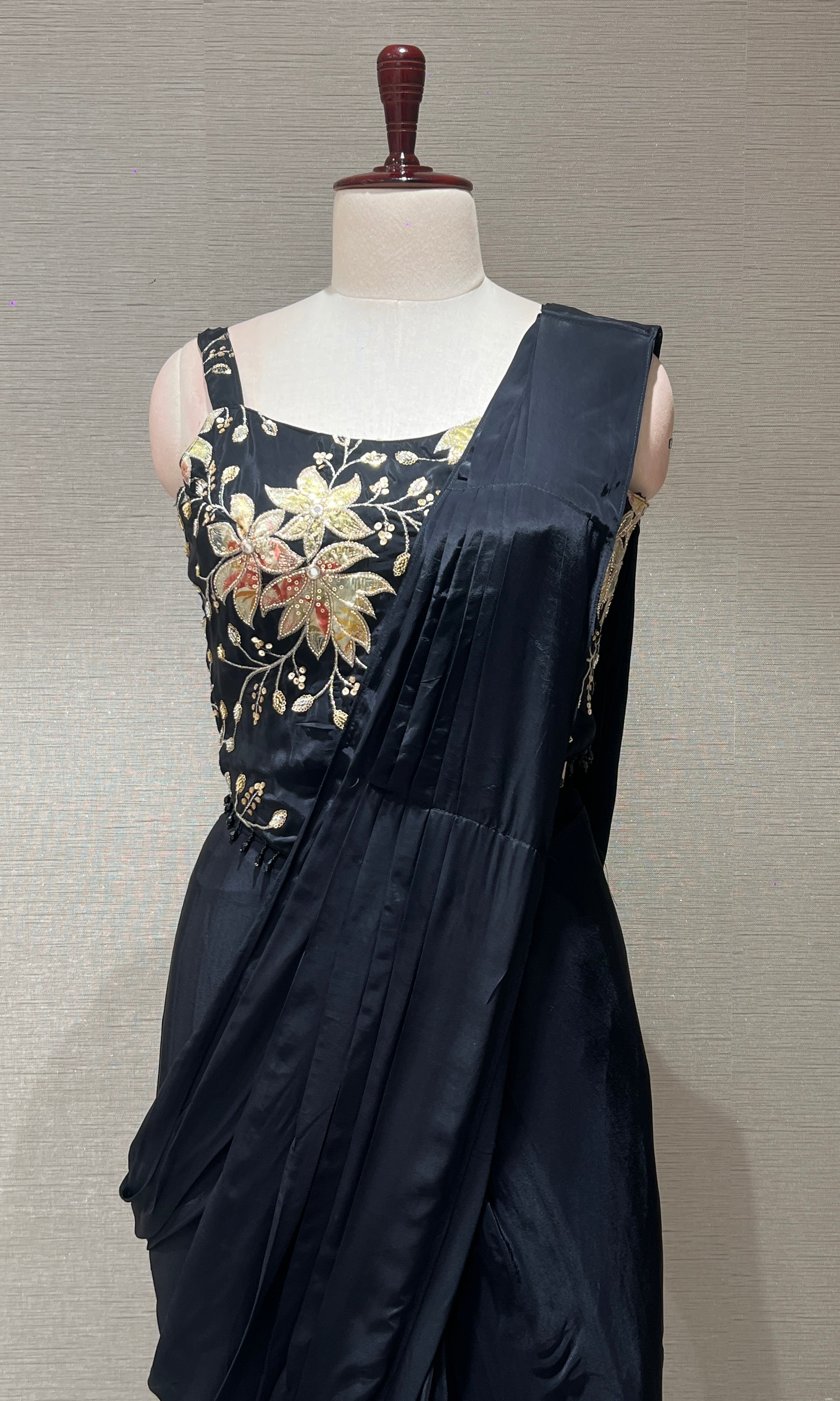 Black drape saree WITH FLORAL CORSET BLOUSE