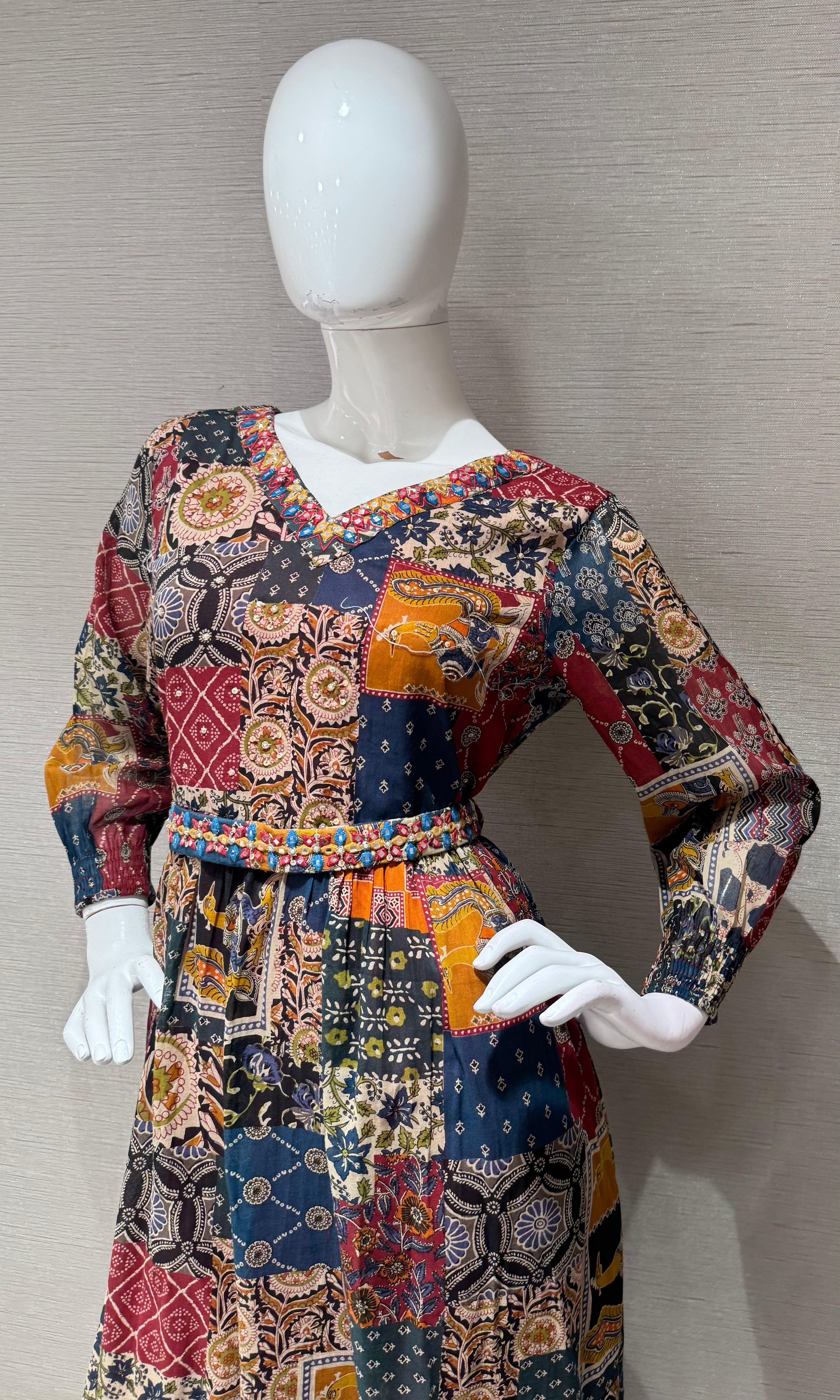 BROWN multicolor patchwork print frock