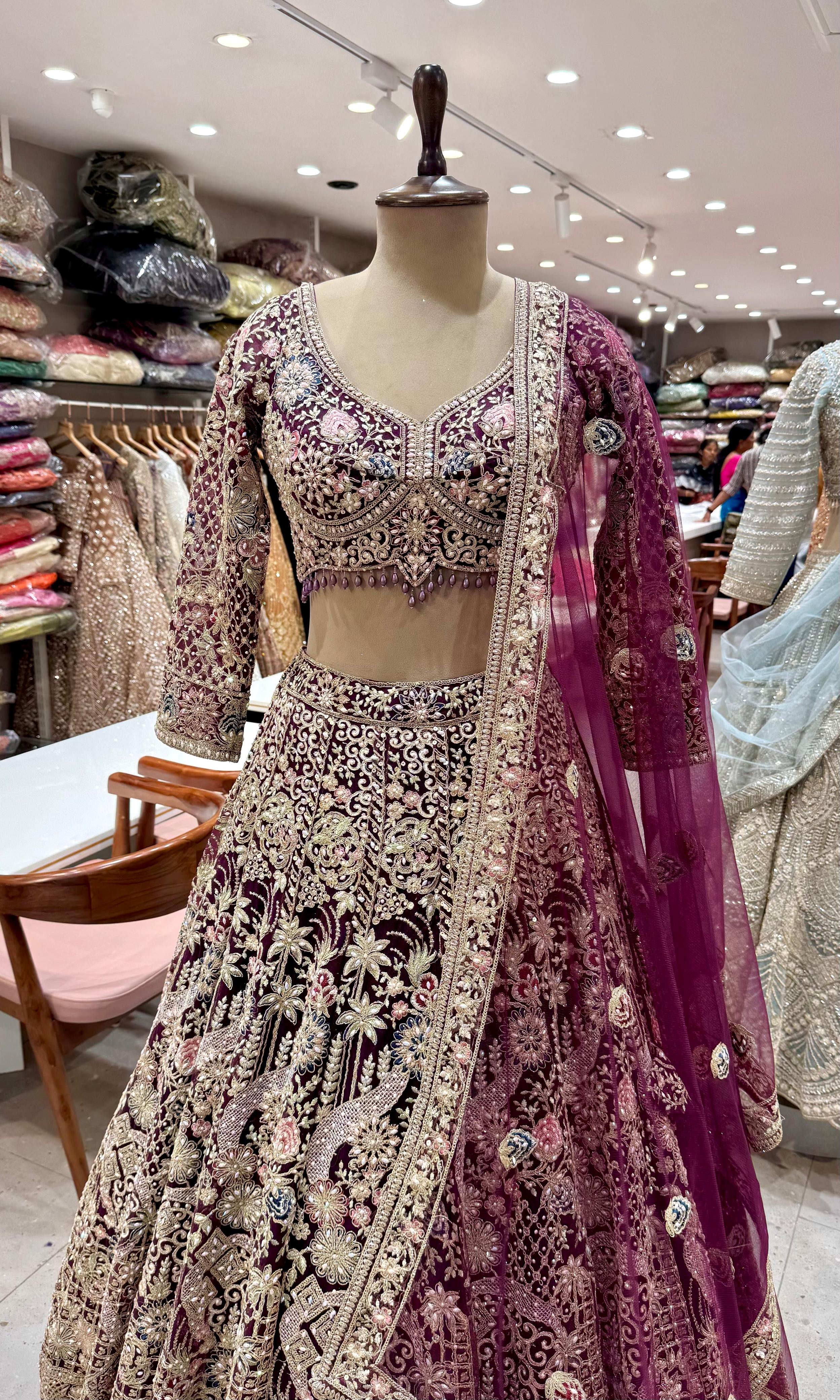 Purple Floral & Grid Embellishments LEHENGA
