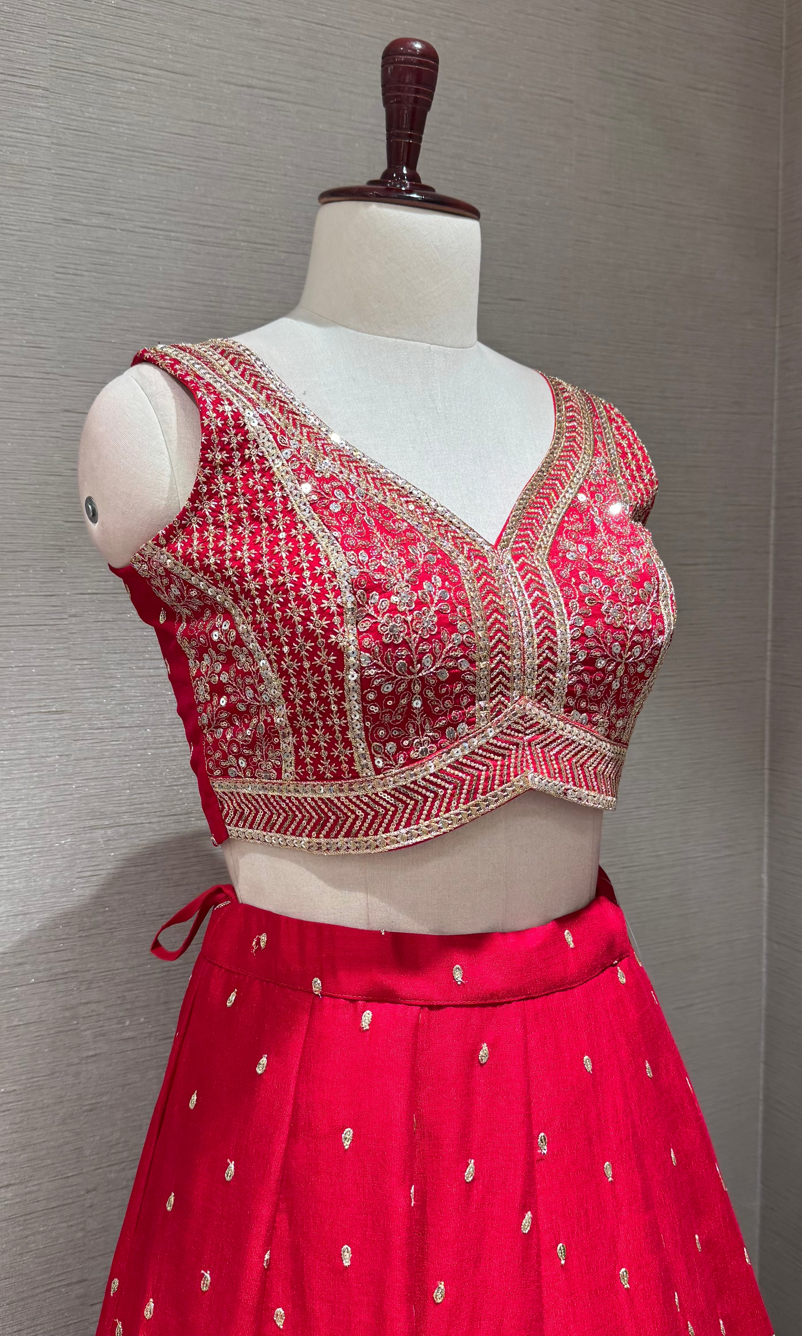 Red Silk Lehenga set with Gold Border