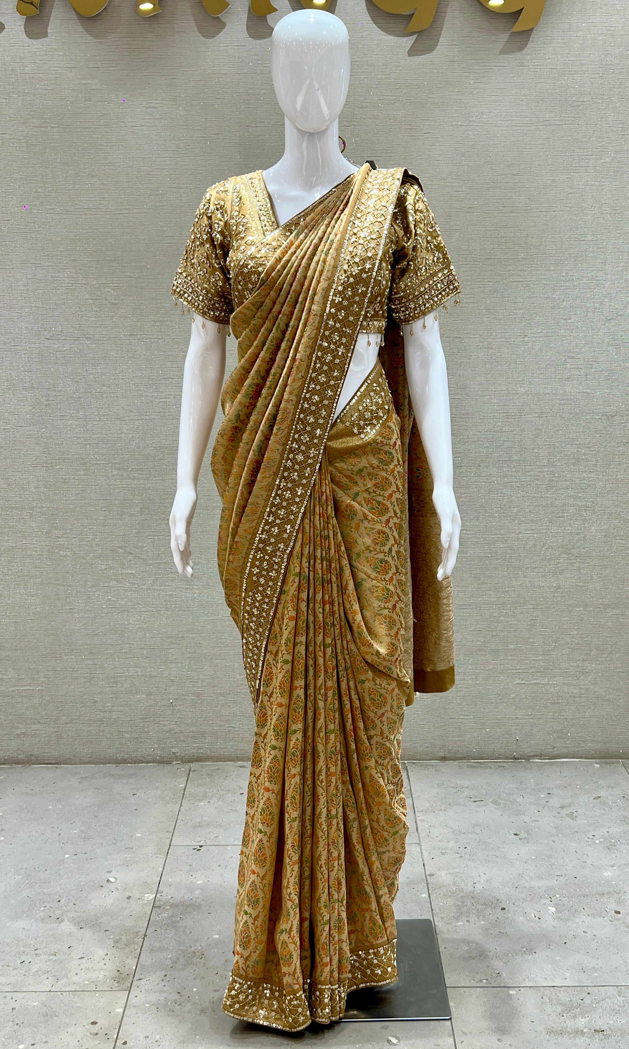 Gold saree with ready blouse