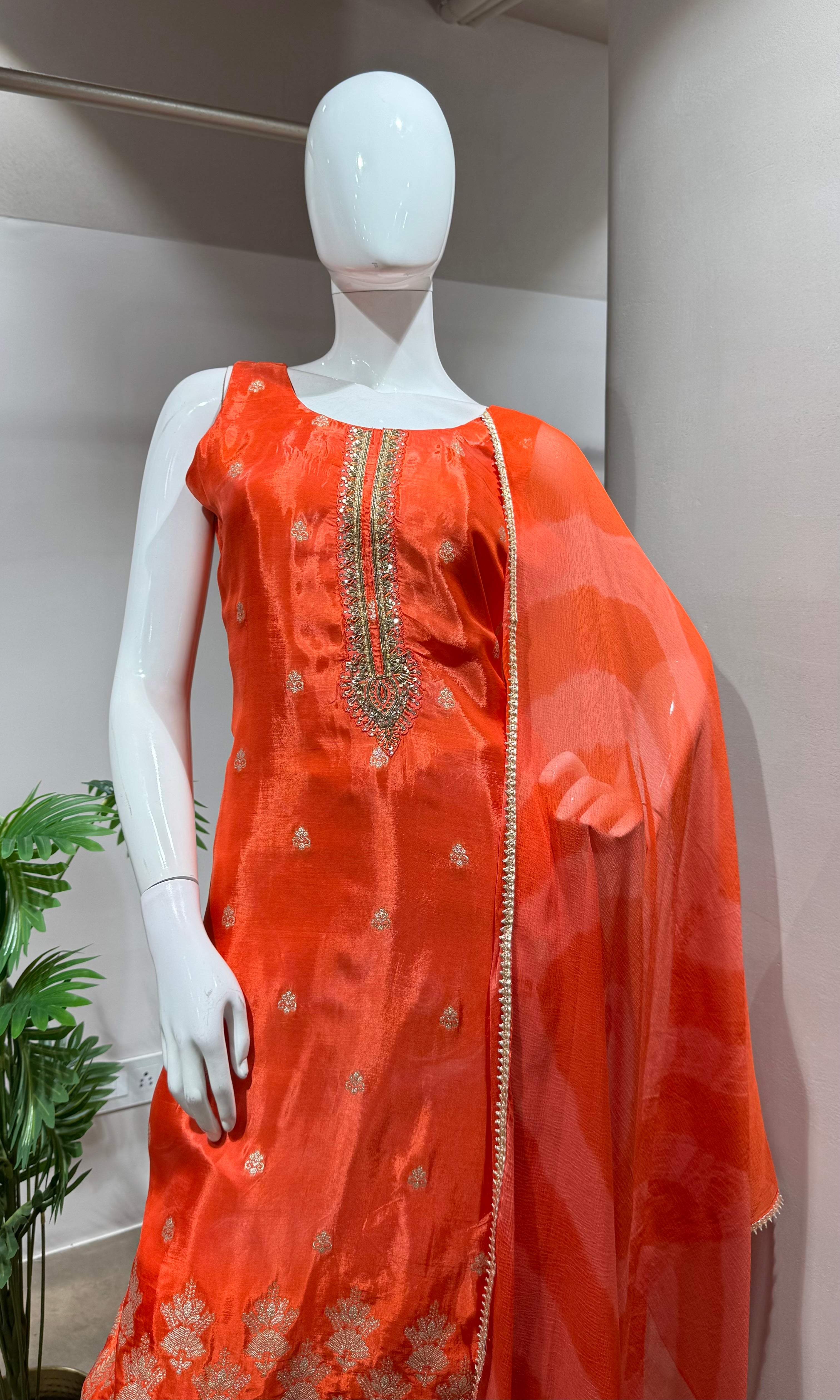 Orange Silk Embroidered Kurta Set