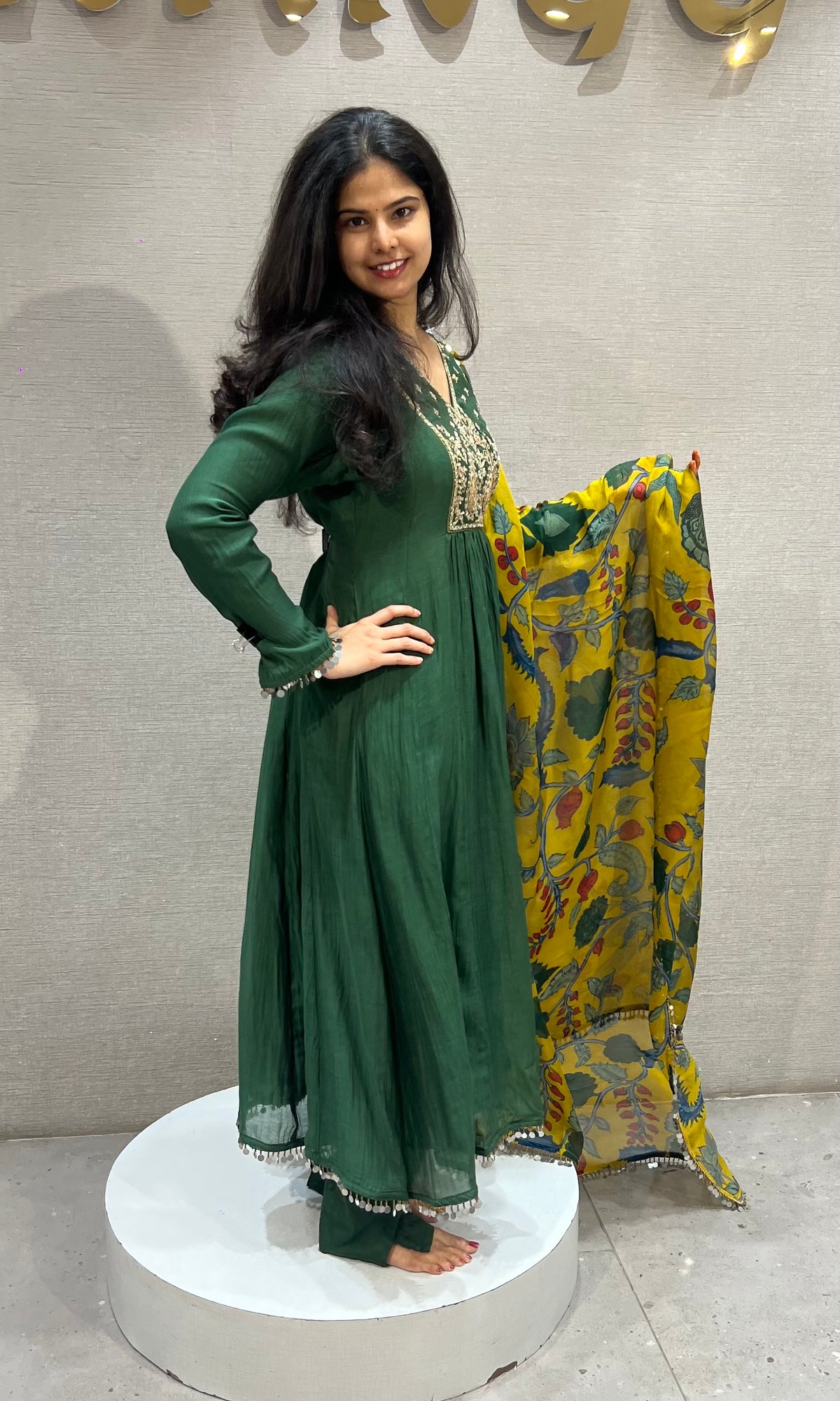 Green mul chanderi Kurta Set with Floral Dupatta