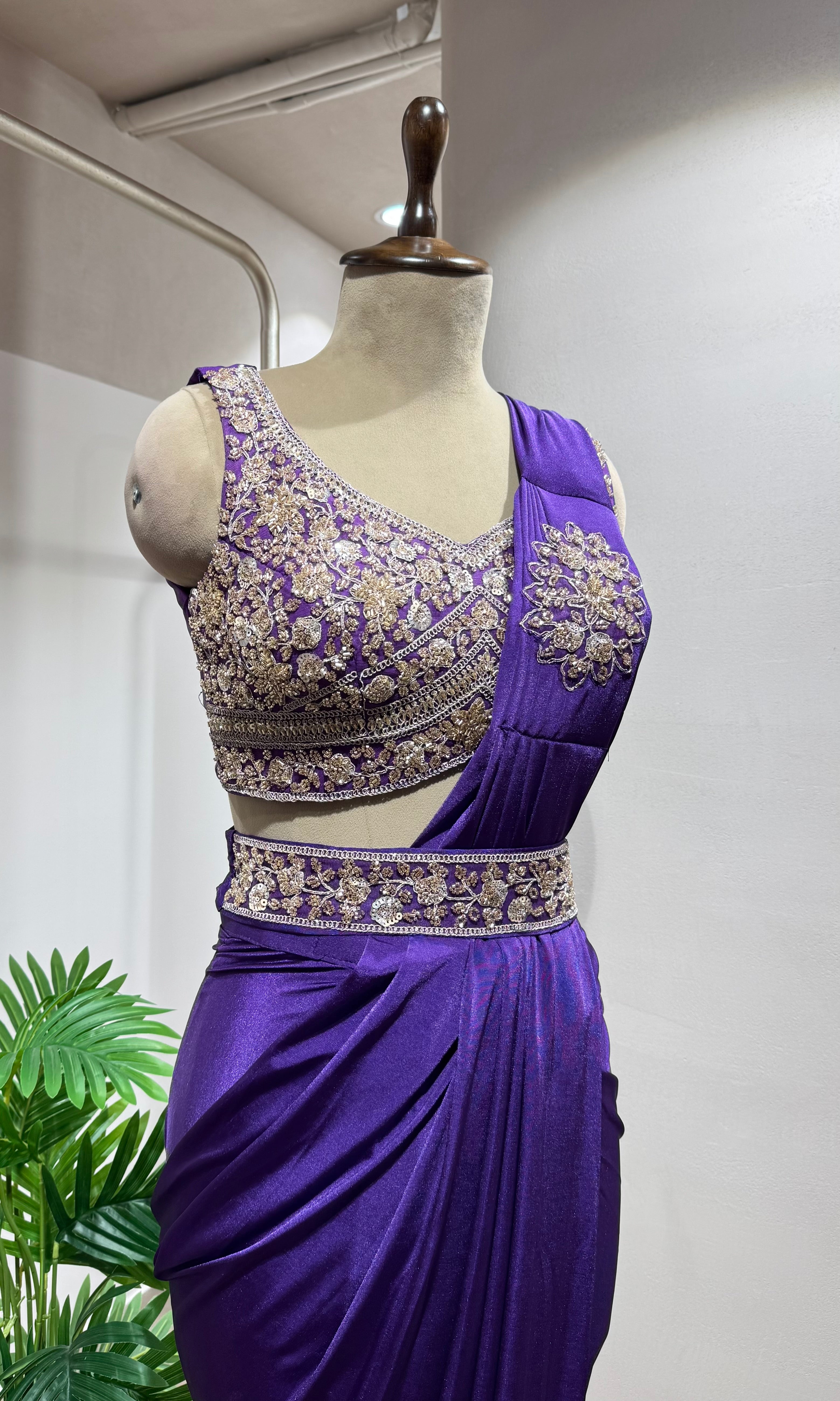 purple Draped Saree with Embellished Blouse & belt