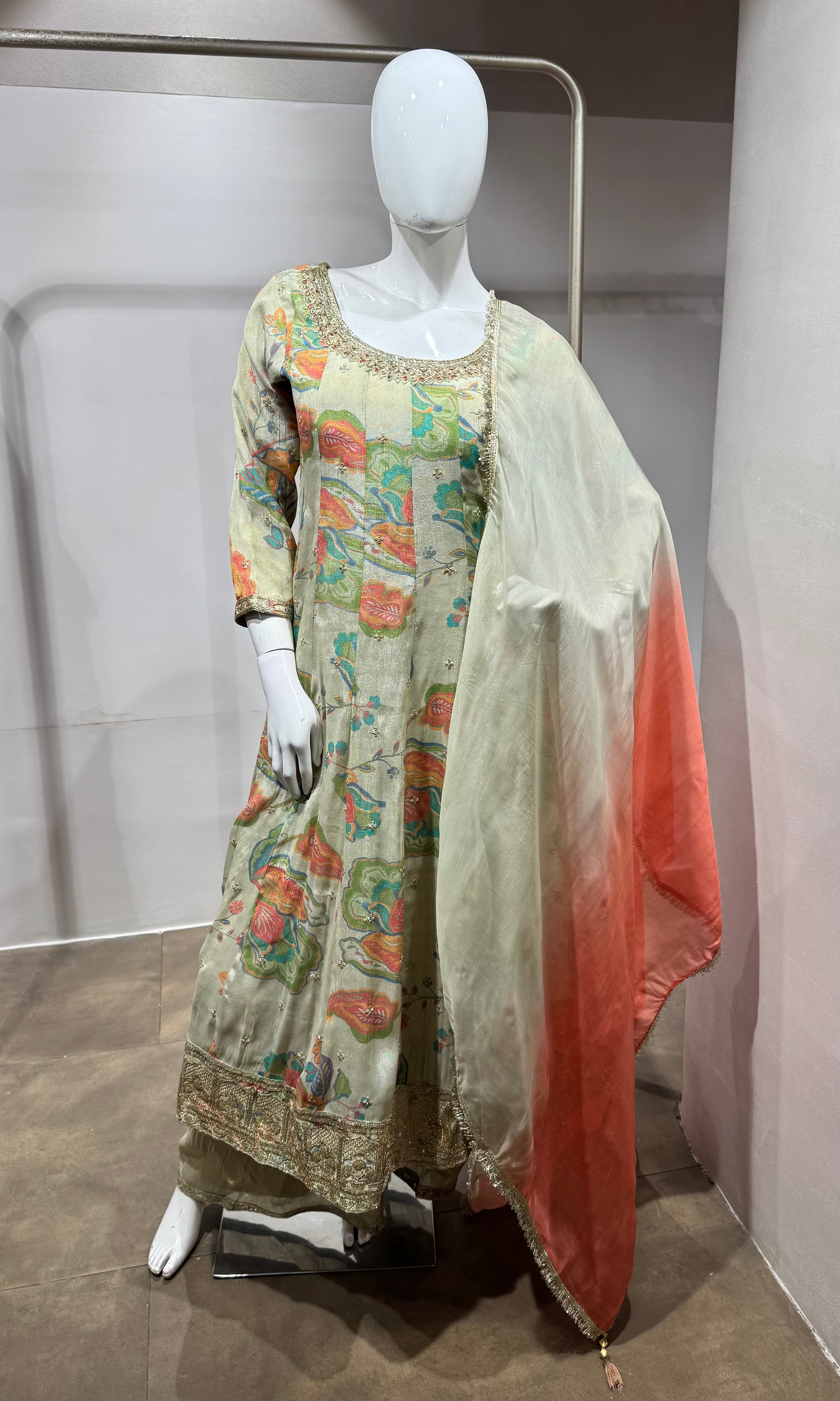 Multi Floral Anarkali Set with contrast dupatta