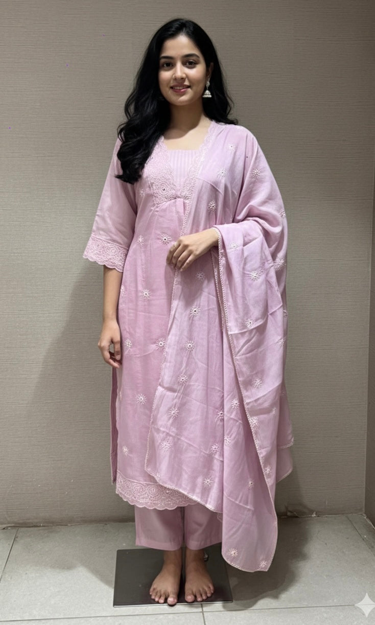 LAVENDER silk embroidered KURTA SET