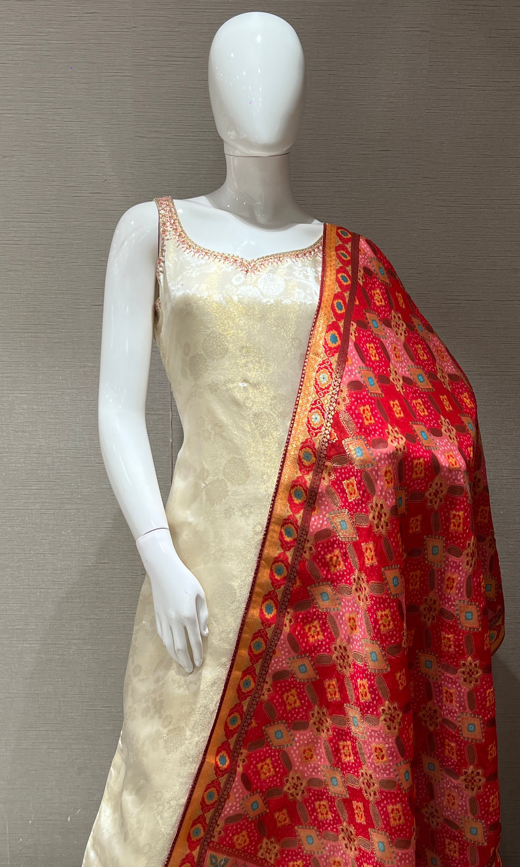 Cream kurta set with Red Banarasi Dupatta