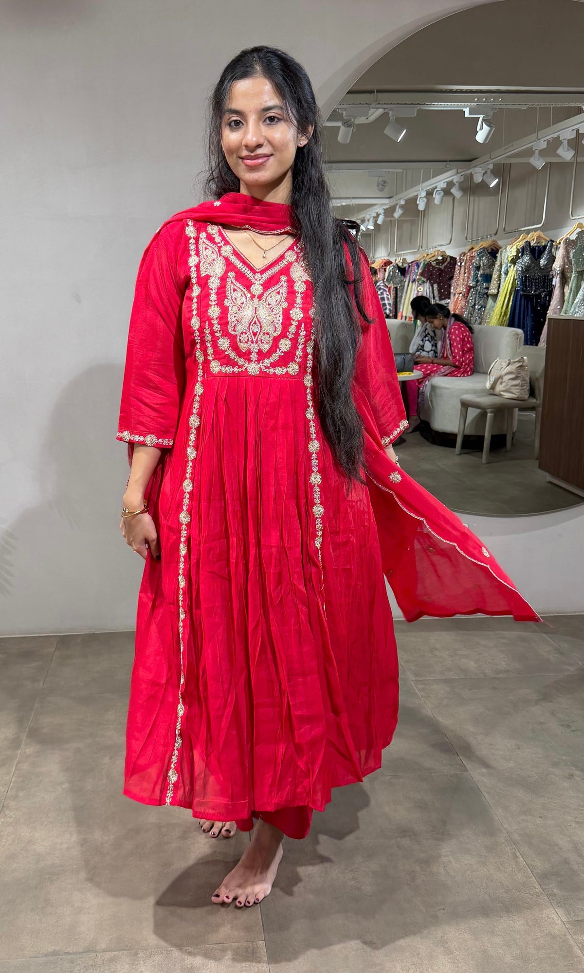 Rani Embroidered A line Kurta Set with Dupatta