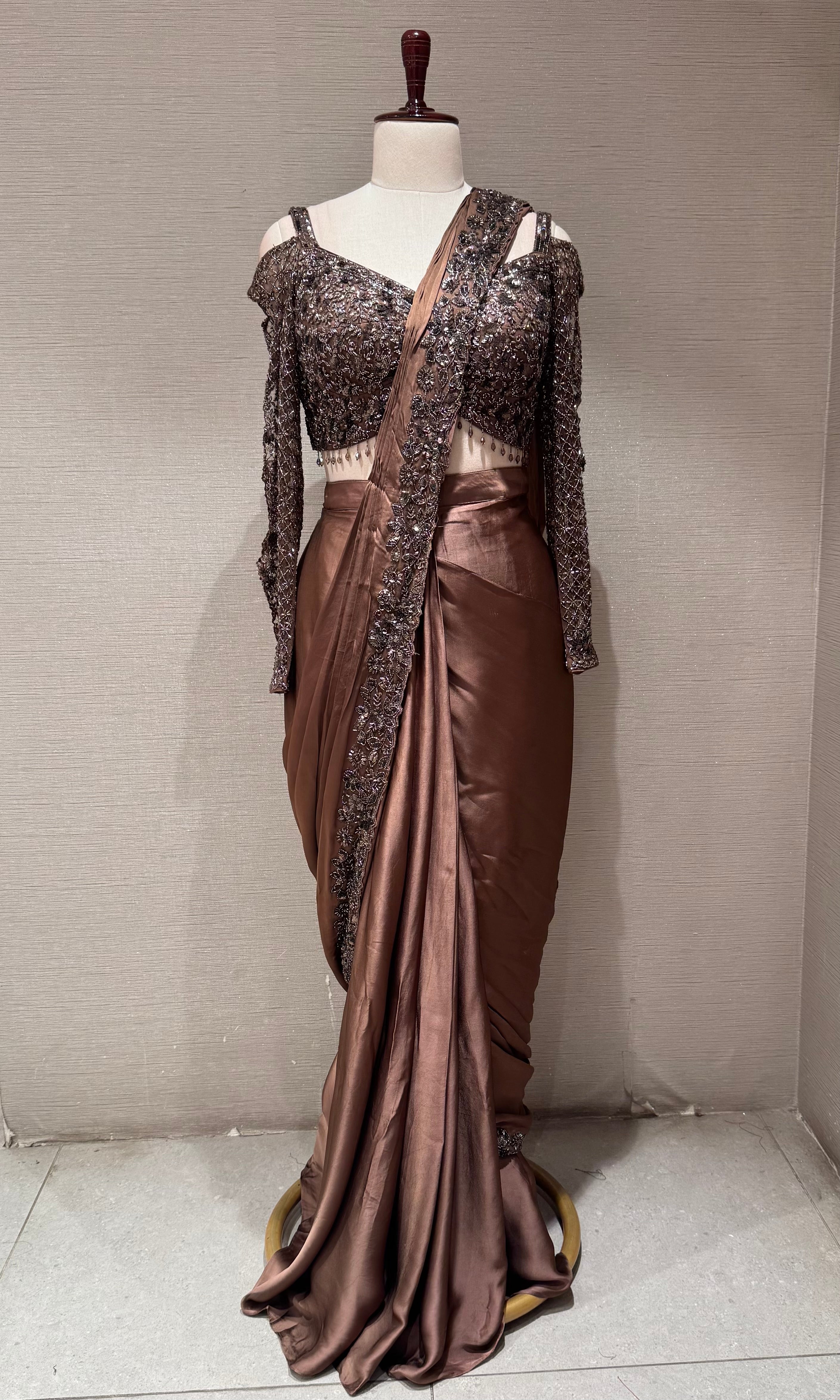 Chocolate Brown Draped Satin Saree Set