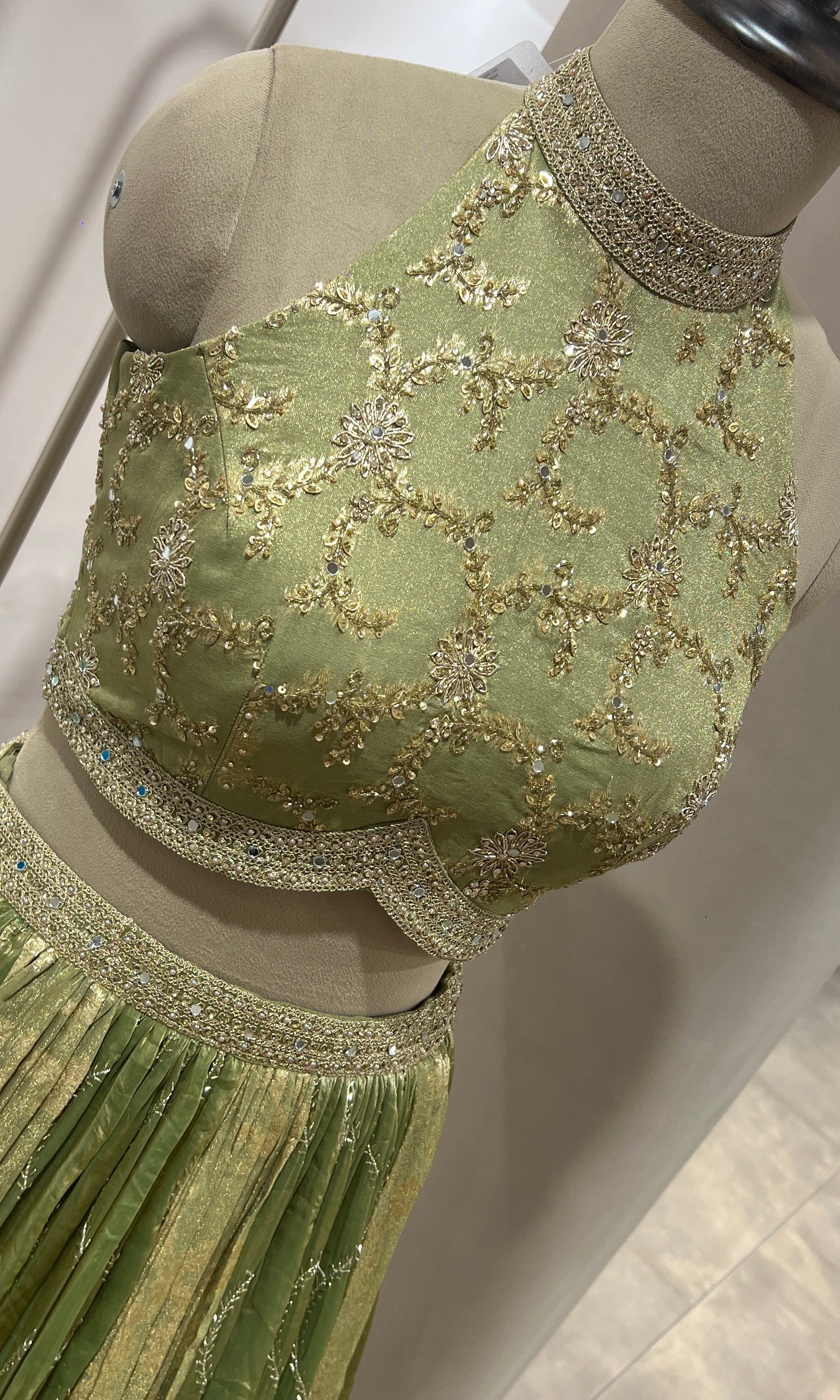 Green GOLDEN LEHENGA WITH HALTER NECK BLOUSE