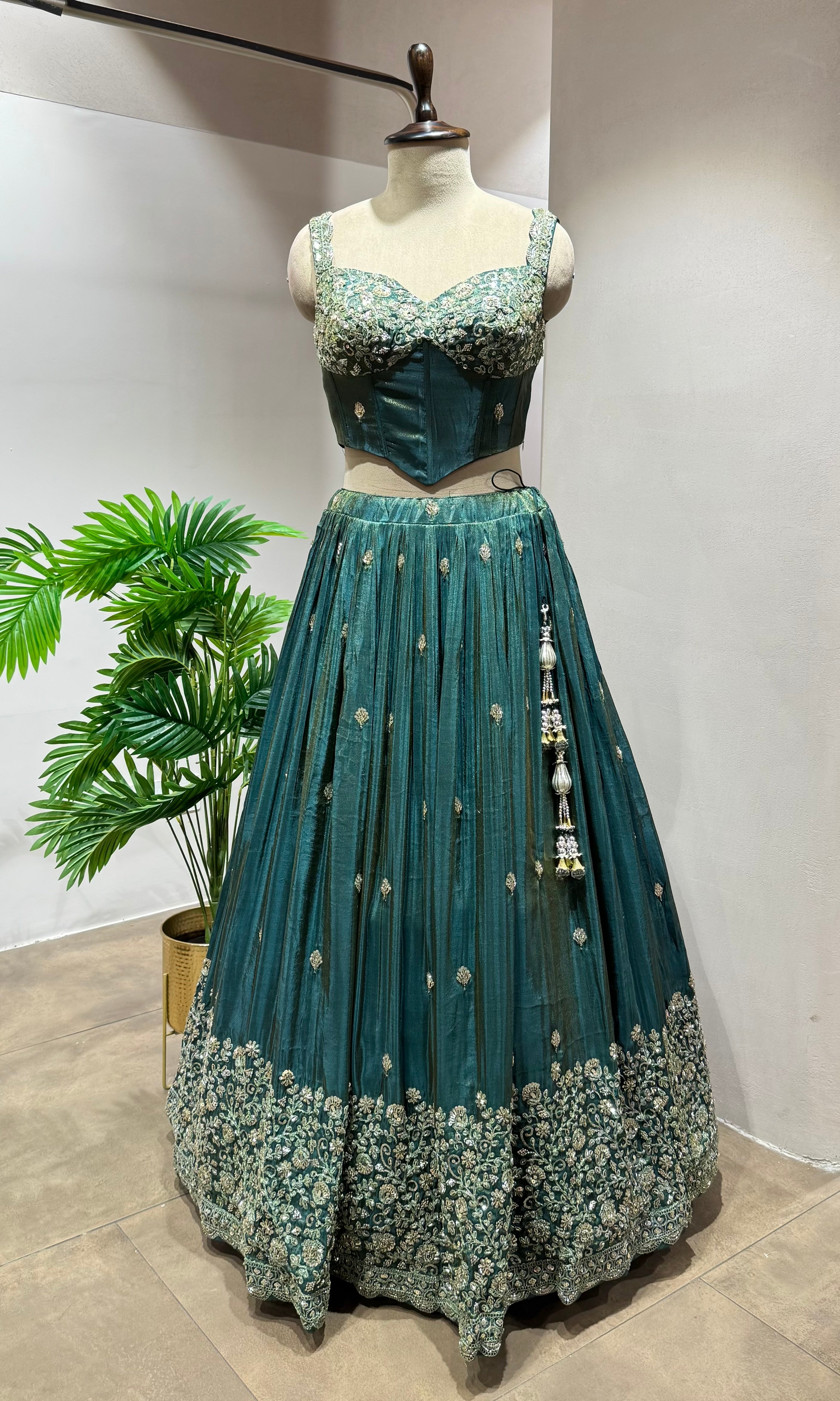 Green EMBROIDERED Lehenga with Embellished Corset Blouse