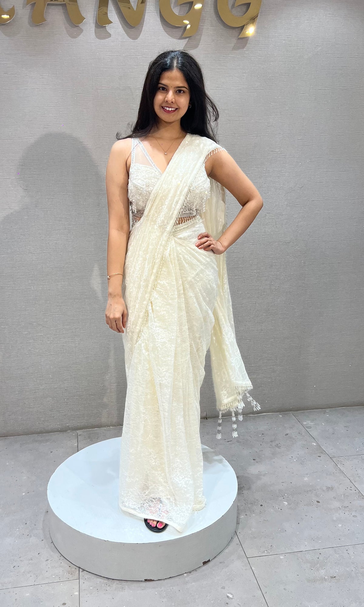 Cream Lace Tissue net Drape Saree with Blouse