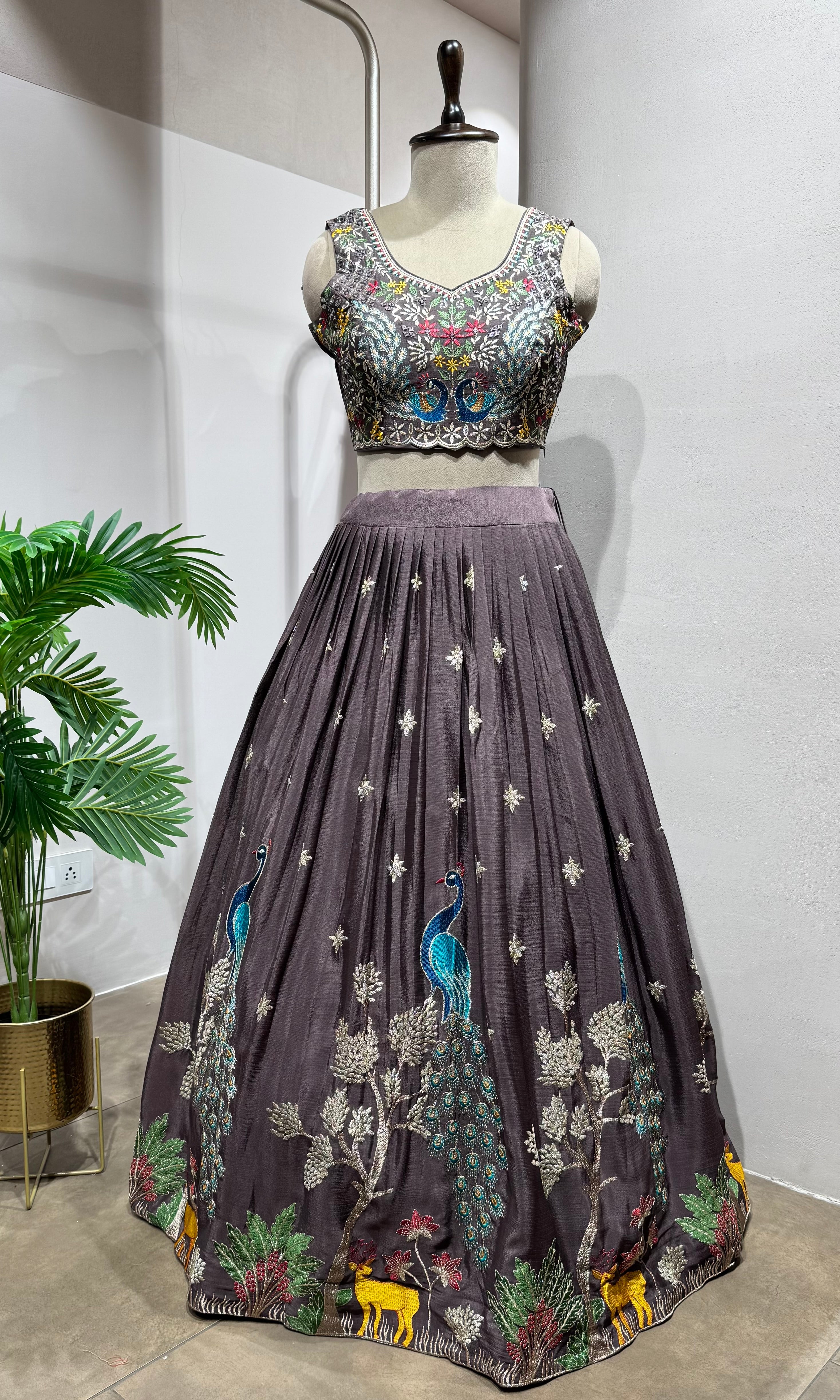 Brown Georgette Lehenga with Multi-Color Embroidery