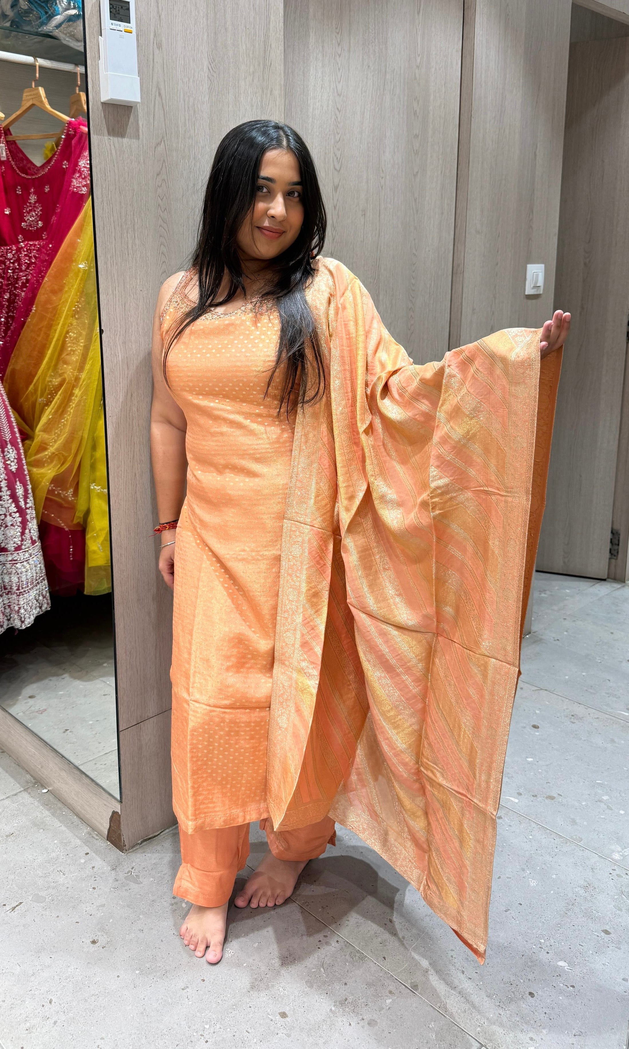 peach and gold Banarasi kurta set