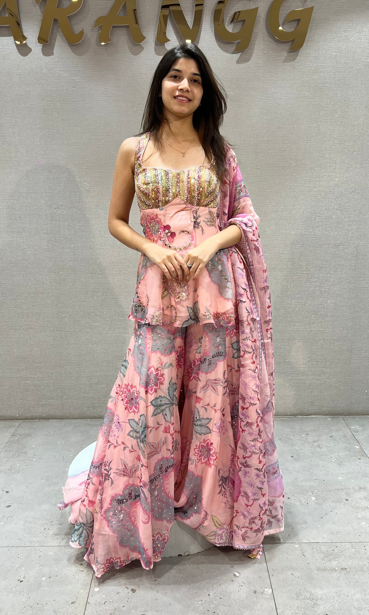 Baby Pink Floral Print silk Palazzo Set with Peplum Top