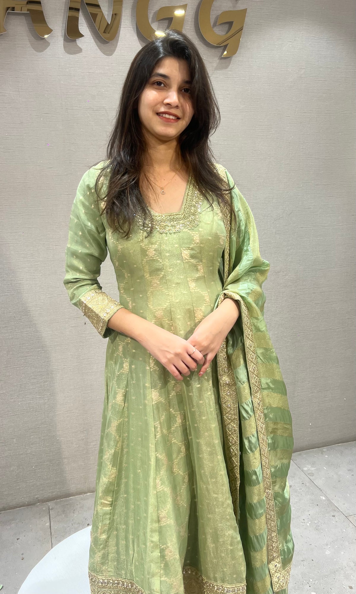 Pista Green silk Anarkali Set Golden Embroidery with Dupatta