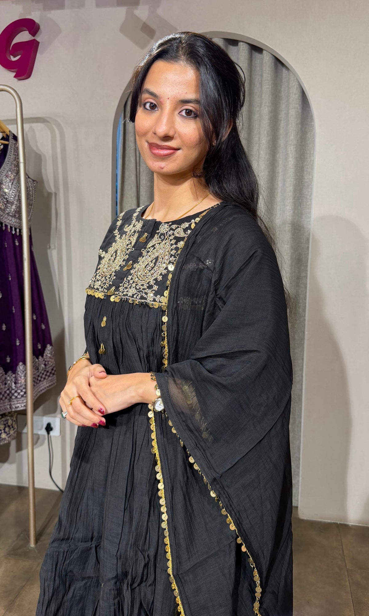 BLACK MUL CHANDERI KURTA SET WITH DUPATTA
