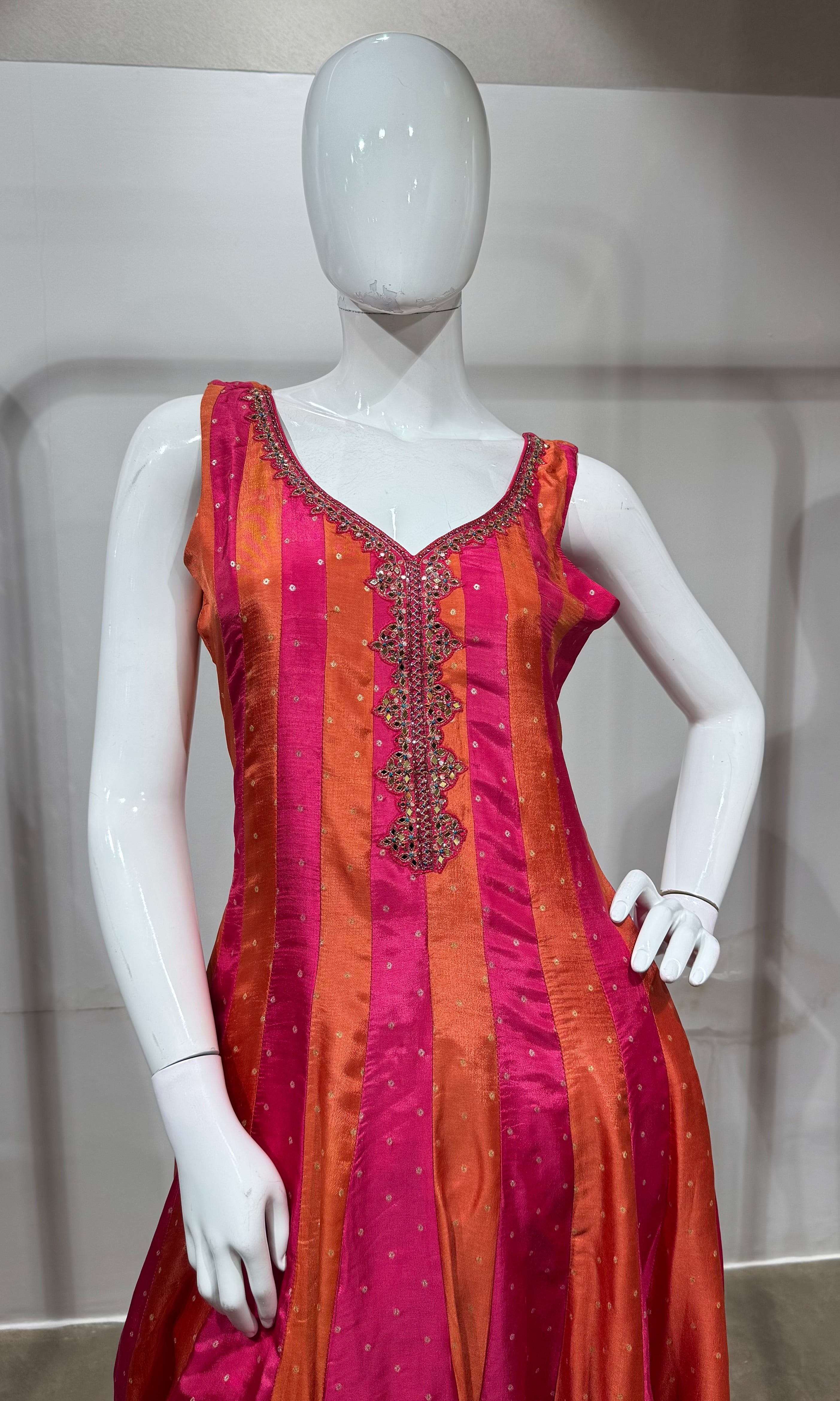 Rani Pink & Sunset Orange Striped Anarkali Set