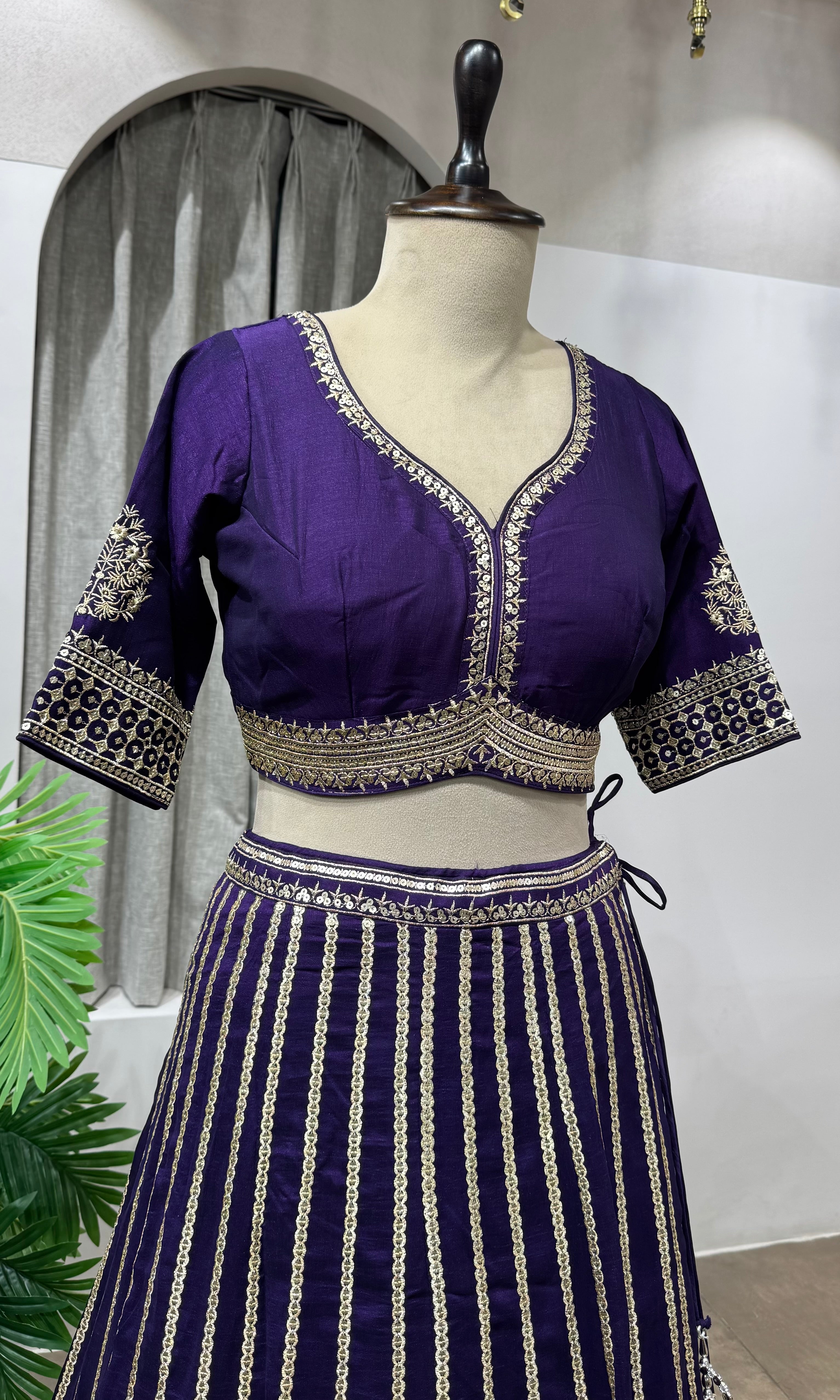 Purple Georgette Sequins Embroidery Lehenga