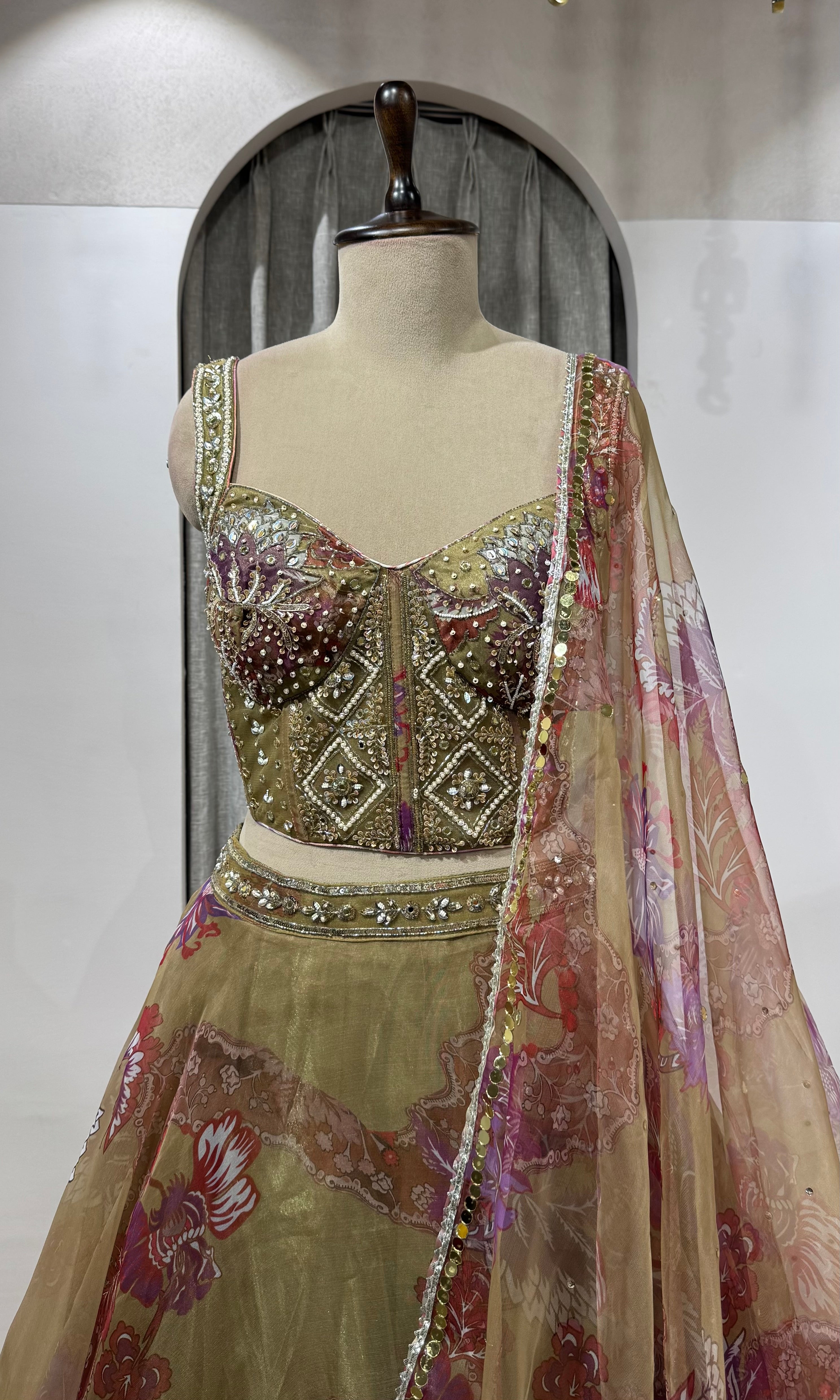 GREEN Floral Printed Corset Lehenga