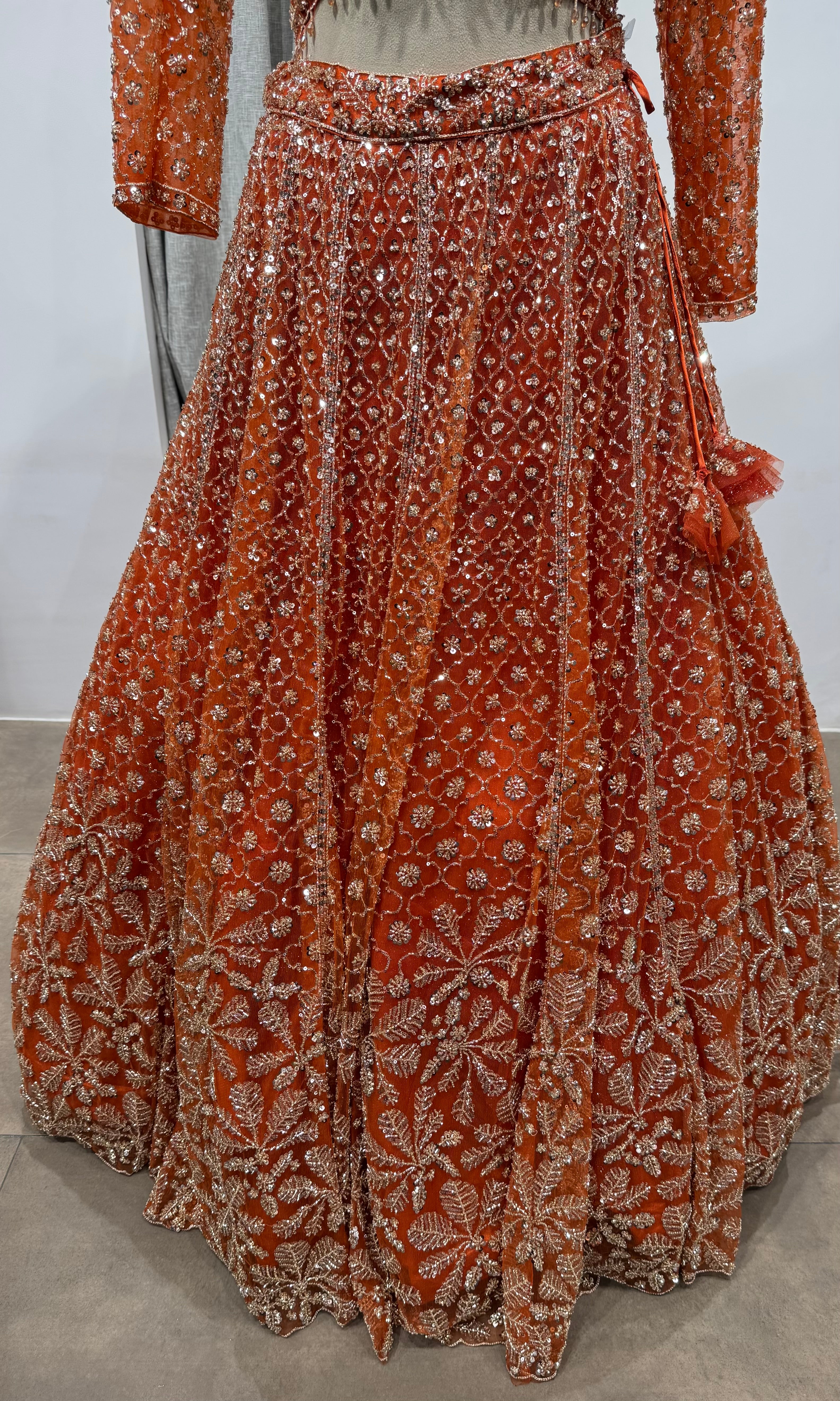 Orange Sequin Embroidered Bridal Lehenga Set