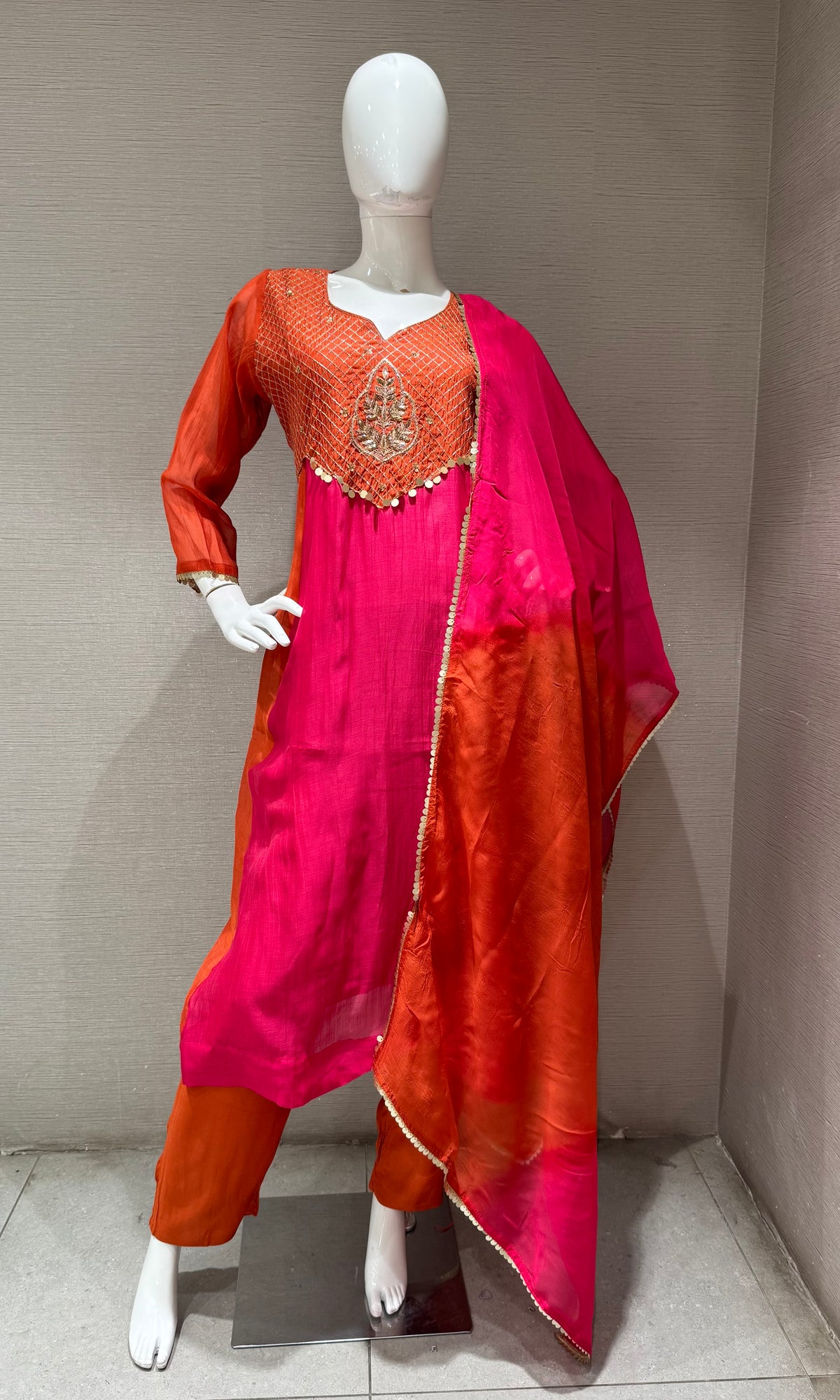 Rust and Pink Embroidered Salwar Kurta Set with Dupatta