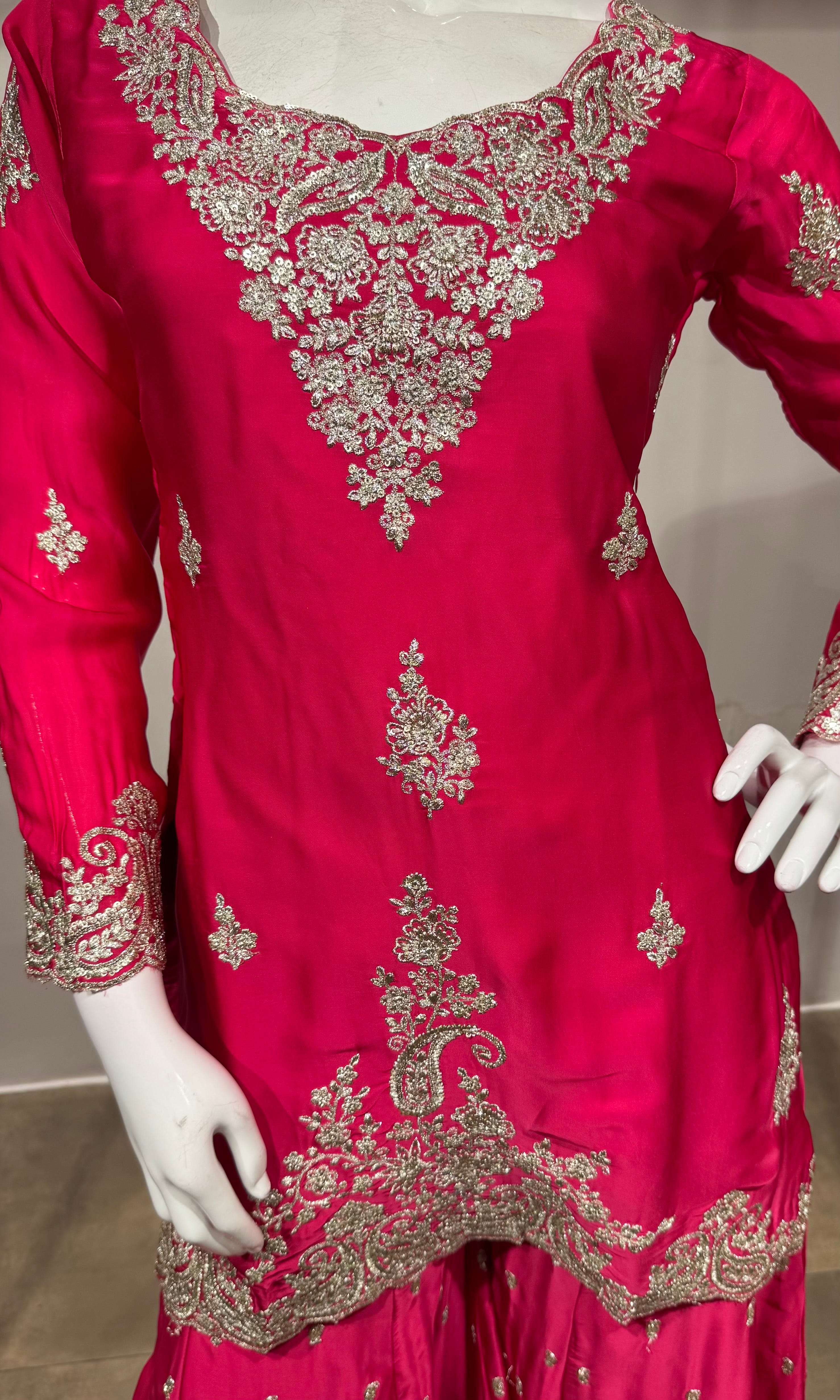 Rani Pink Silk Embroidered Sharara Set
