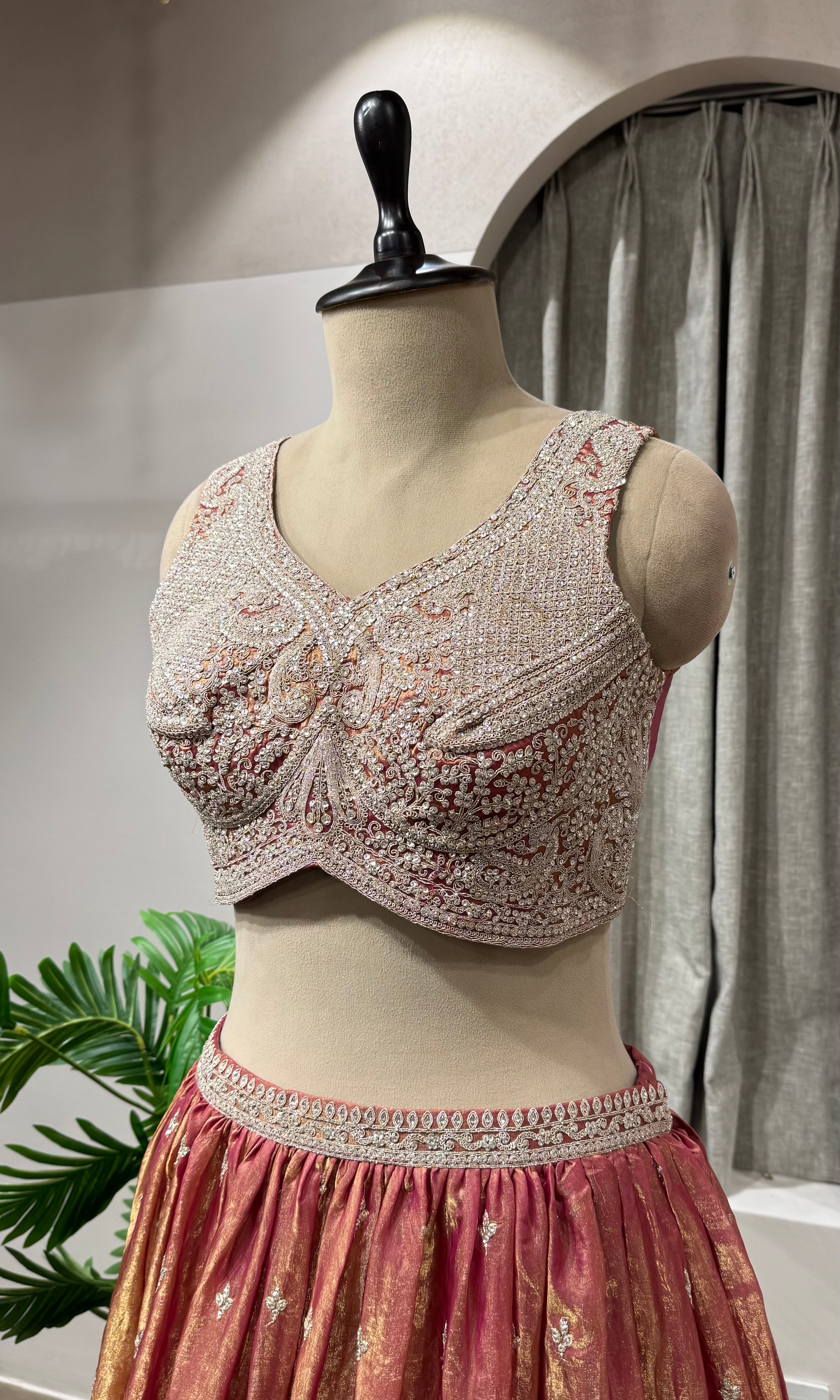 Rust Banarasi Silk Crop Top Lehenga