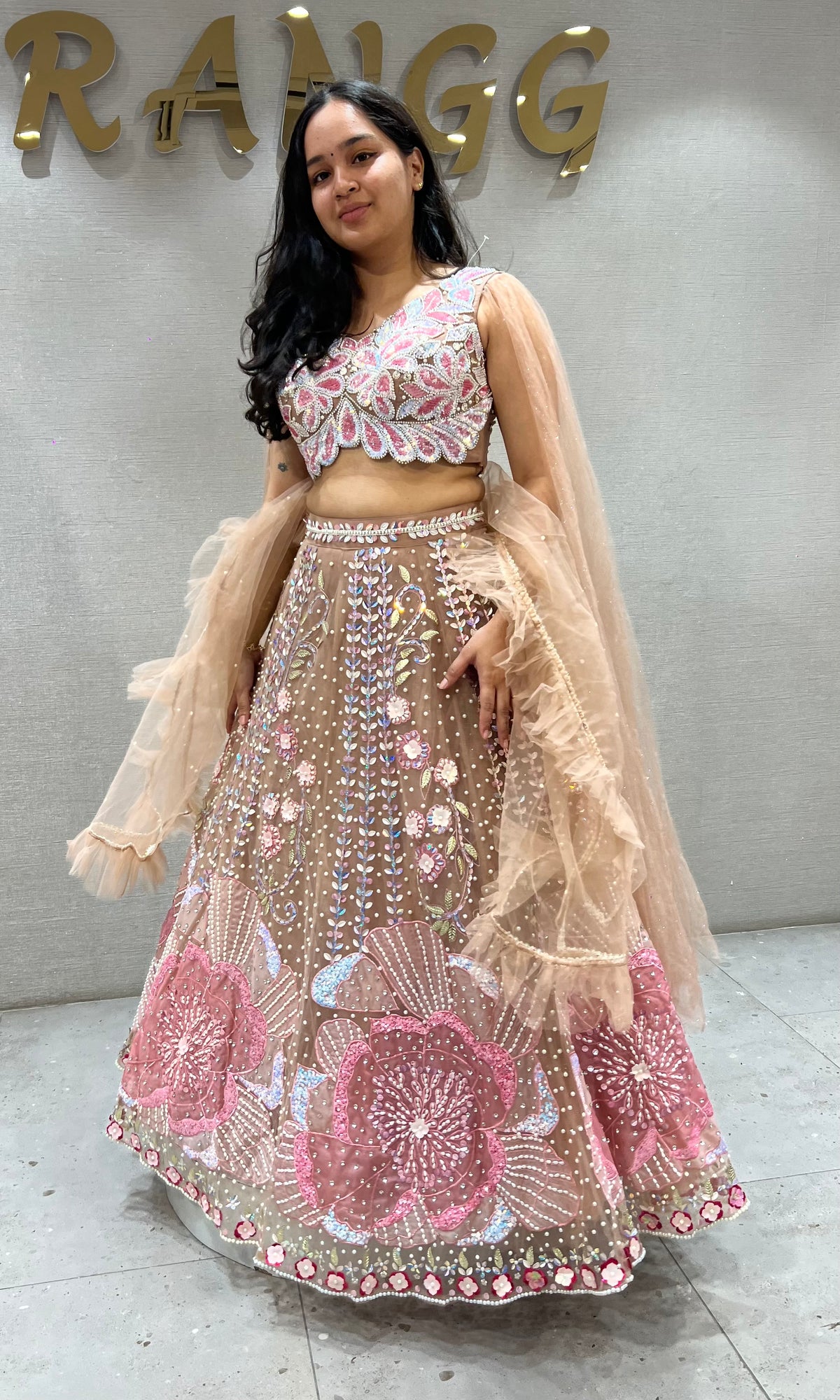 Moee Pink Floral Sequins and Beads Lehenga set