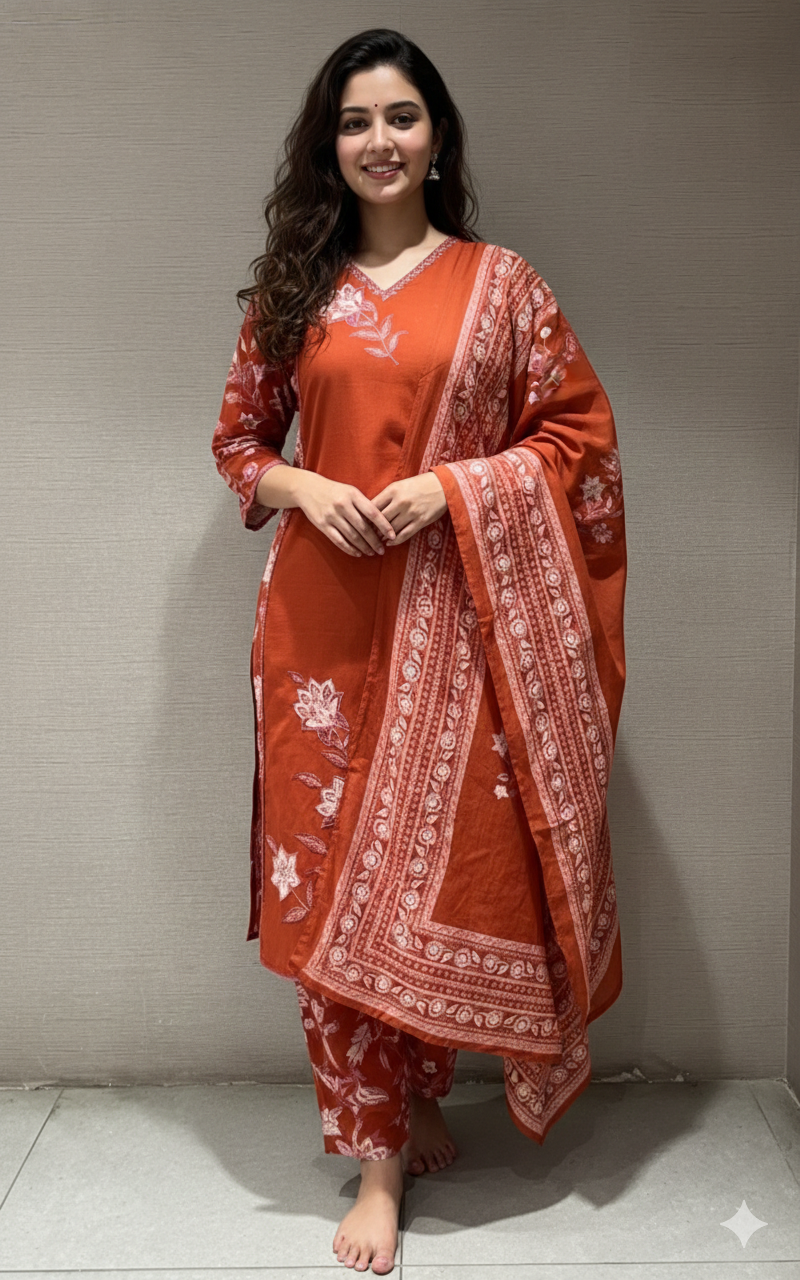 RUST FLORAL MOTIF PRINTED KURTA SET