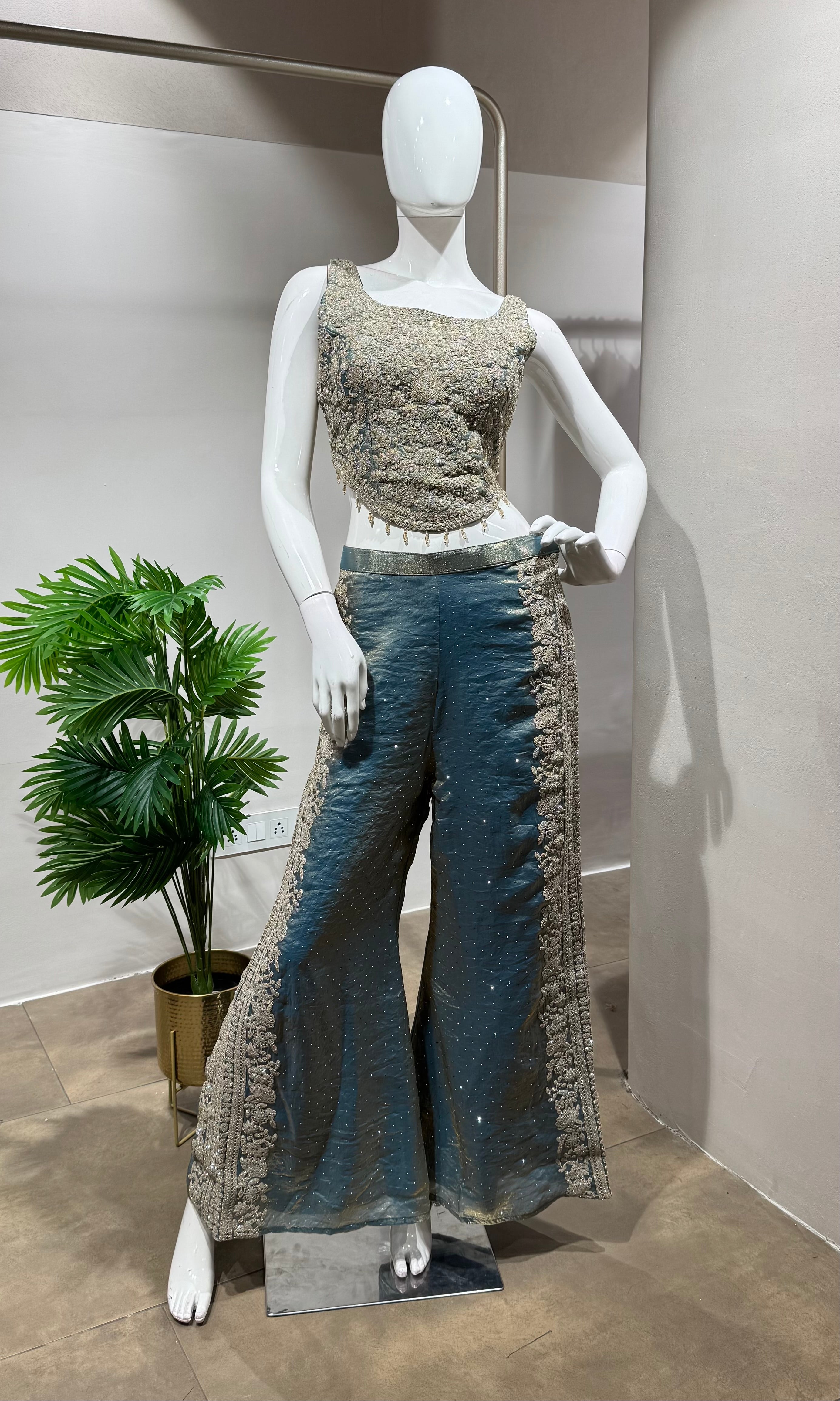 Blue silk Embroidered and mirror PALAZZO suit