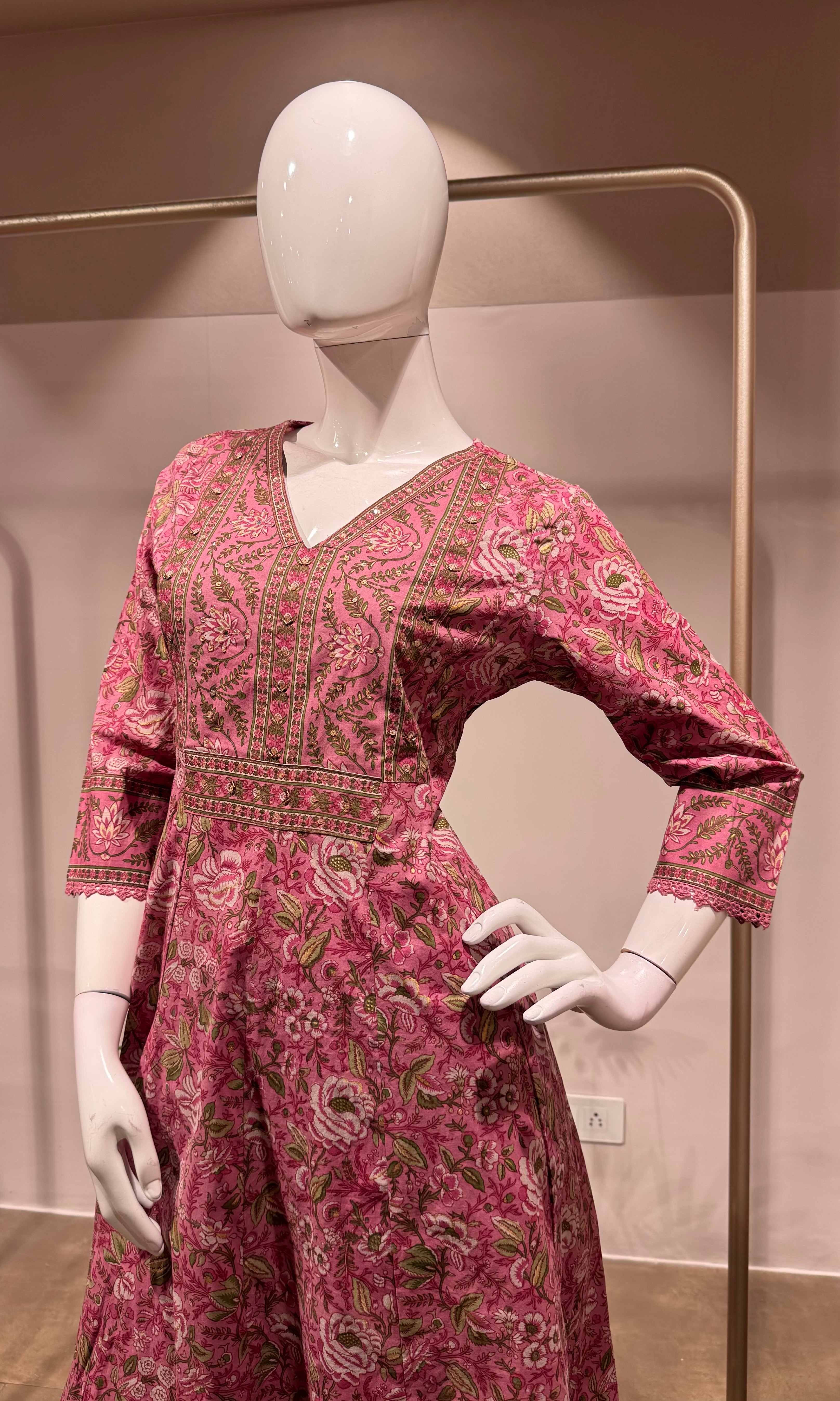 PINK Printed Pure Cotton Anarkali Kurta Set