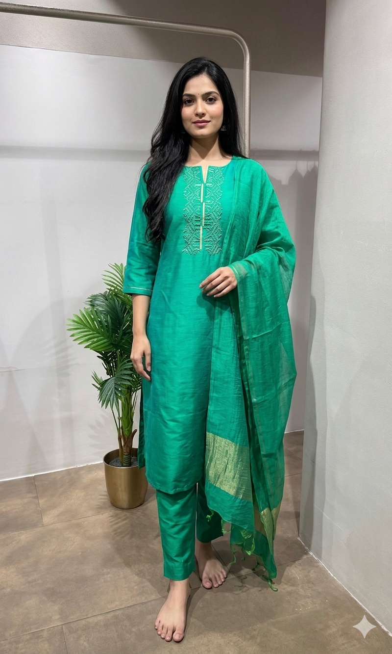 Green Embroidered Silk Straight kurta set