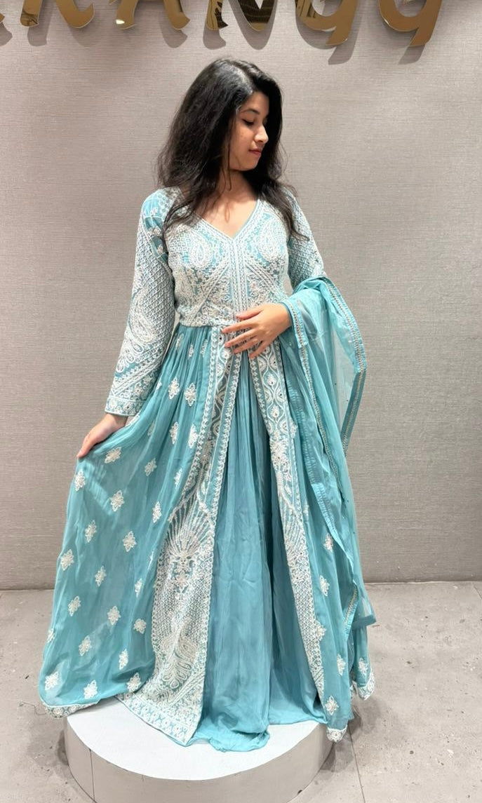 Azure Mist Chikankari Anarkali kurta Set