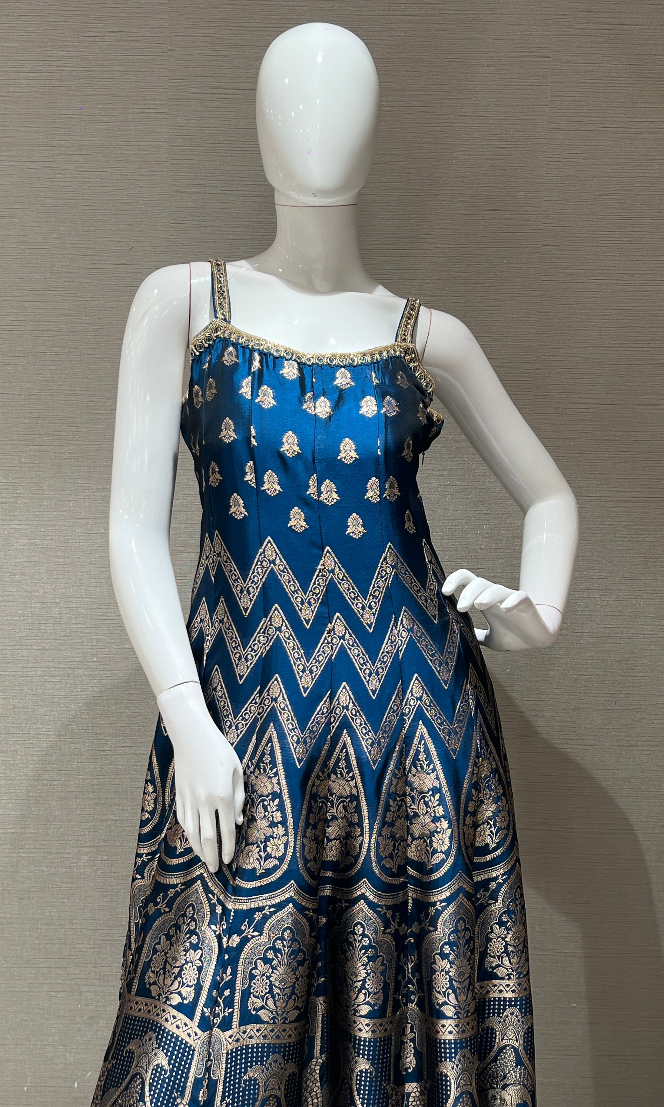 Peacock Blue Anarkali with Gold Print embroidery