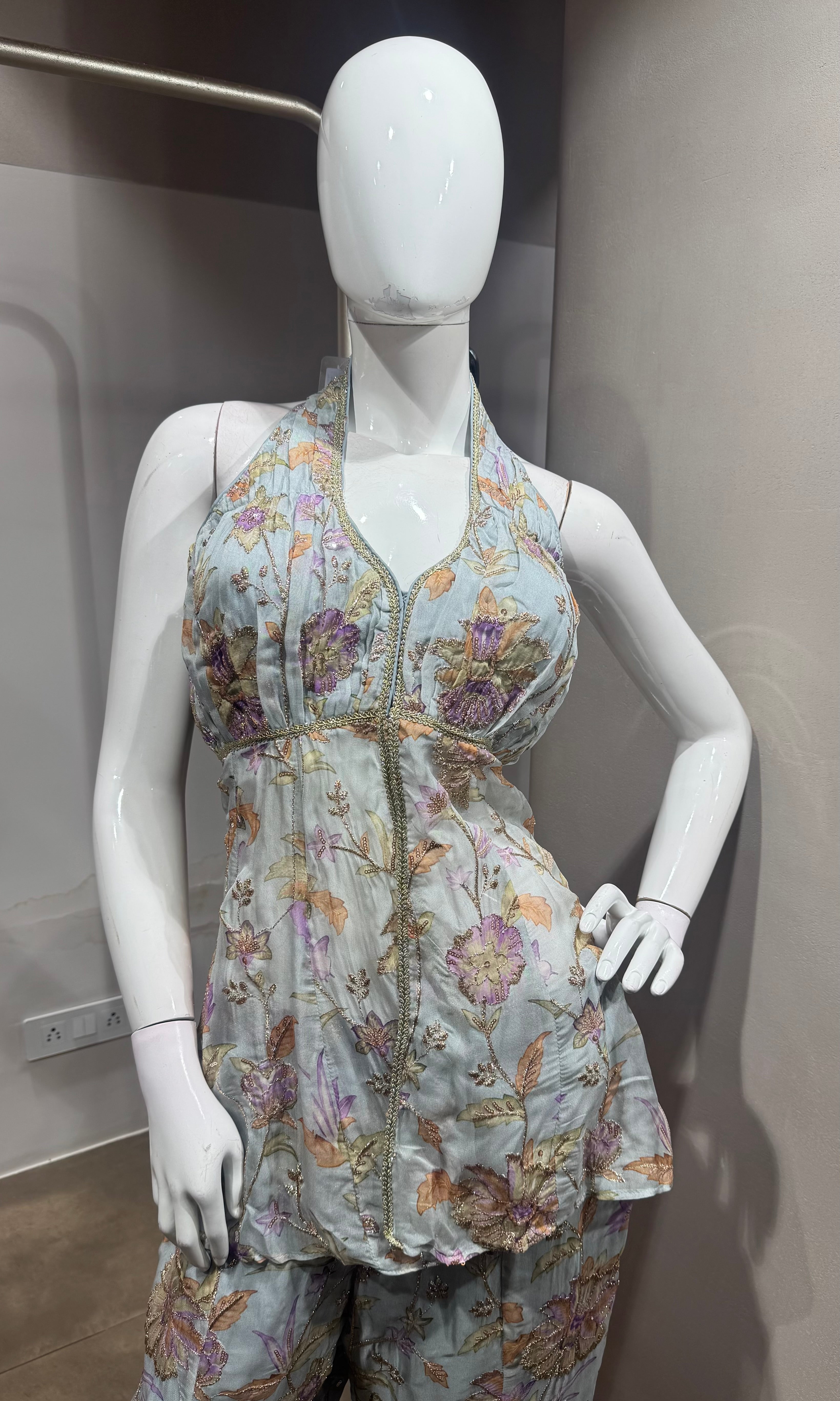 Grey Floral Halter Peplum palazzo Set