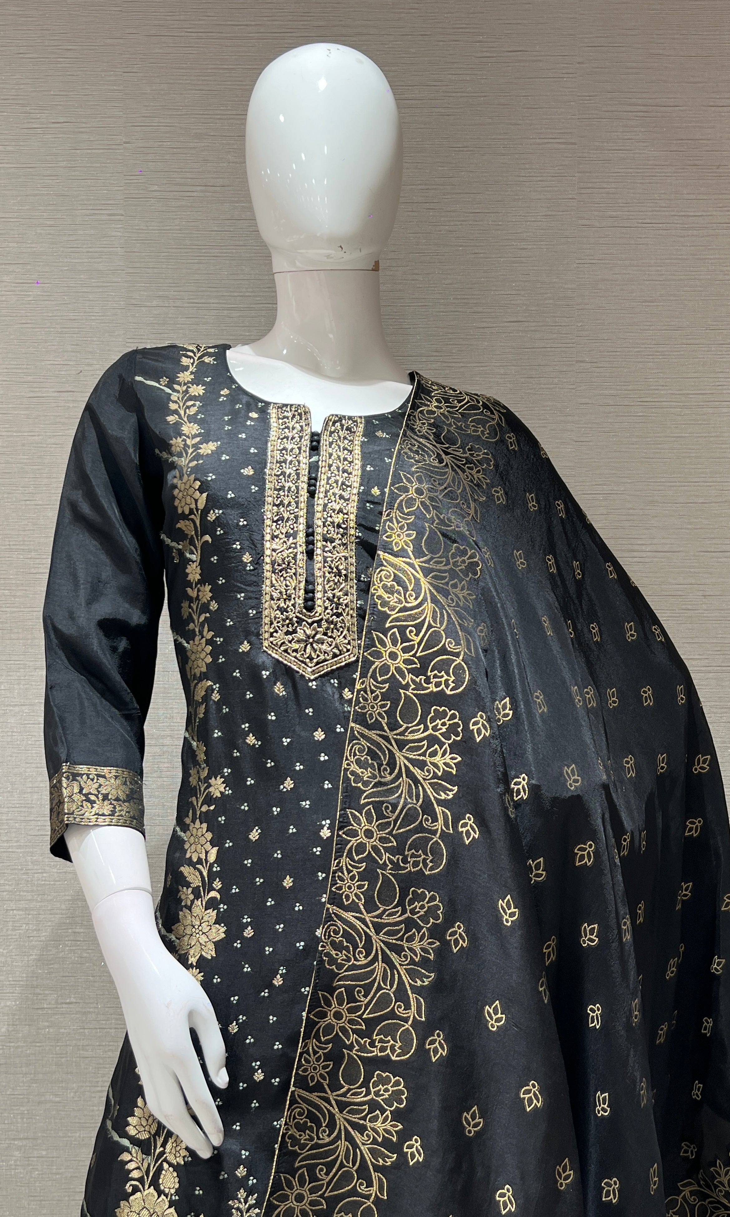 Black golden floral print kurta set