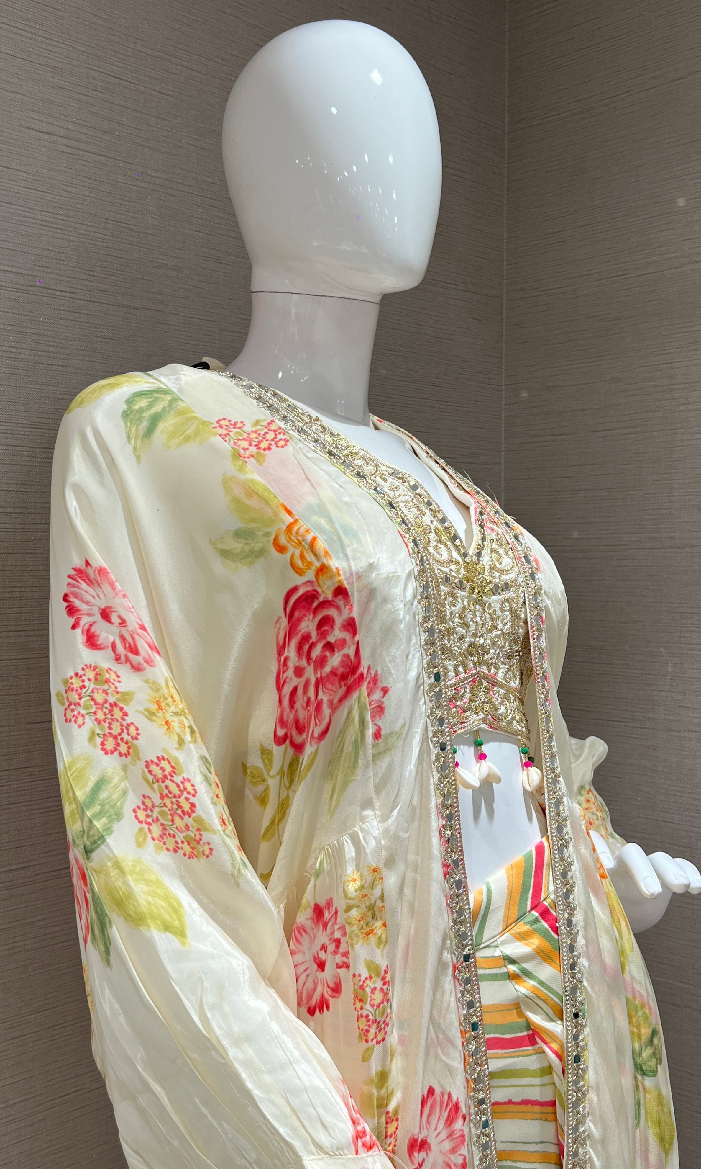 Ivory Floral Print Palazzo with Cape
