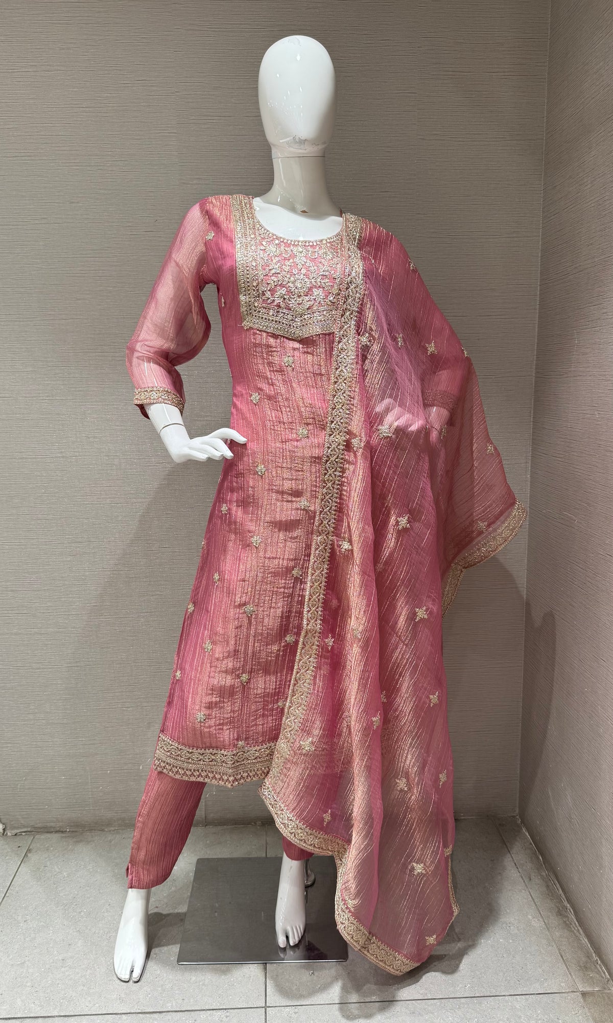 pink Shimmer Tissue Kurta Set with Gold Embroidery